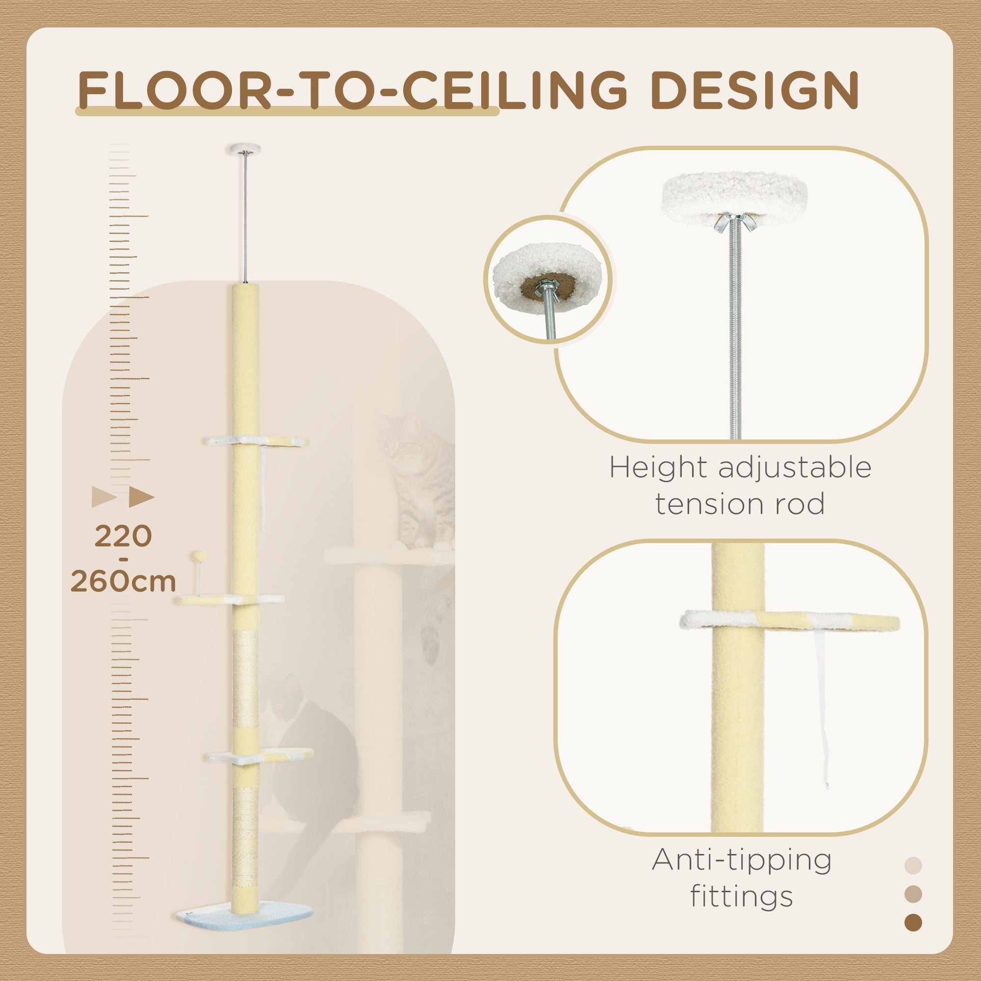 260cm Cat Tower Cat Tree, Floor to Ceiling, Height Adjustable with Anti-slip Kit and Fish-shaped Scratching Post Ball, Yellow-4