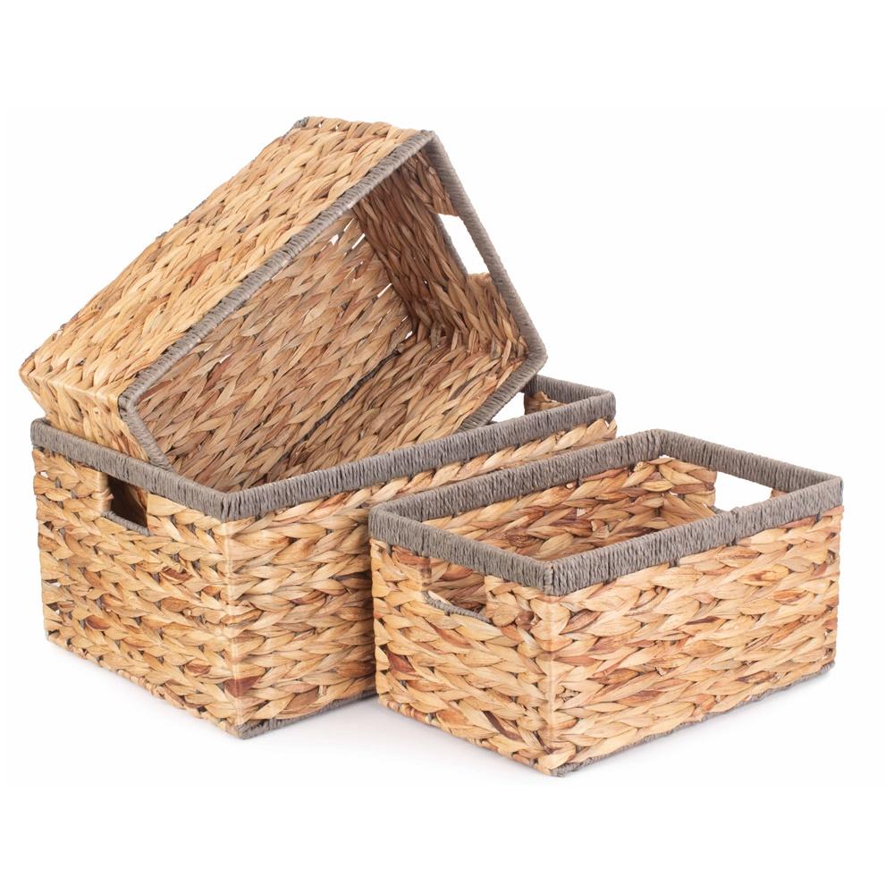 Water Hyacinth With Grey Rope Border Rectangular Storage Basket-0