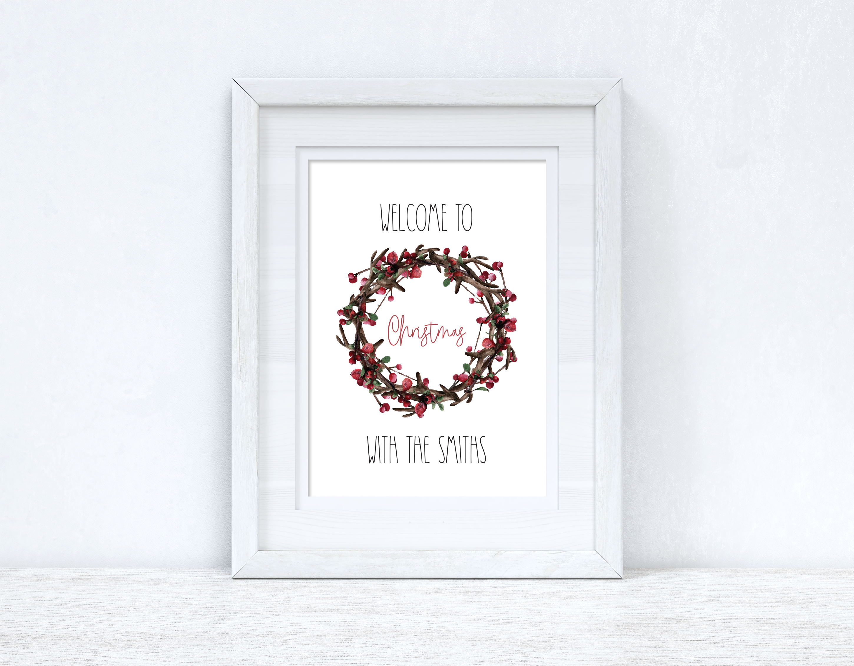 Personalised Welcome To Christmas With The Surname Wreath Seasonal Wall Home Decor Print-0