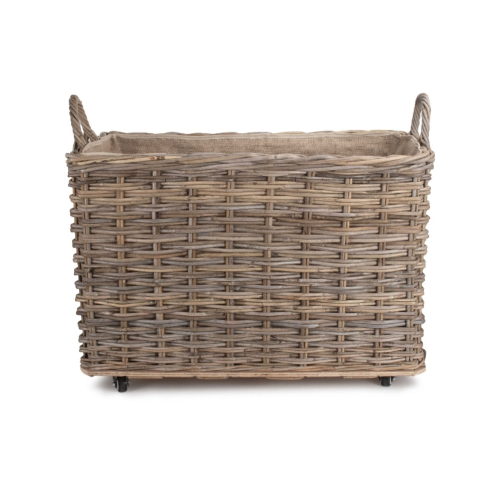 Wheeled Hessian Lined Rattan Log Basket-2
