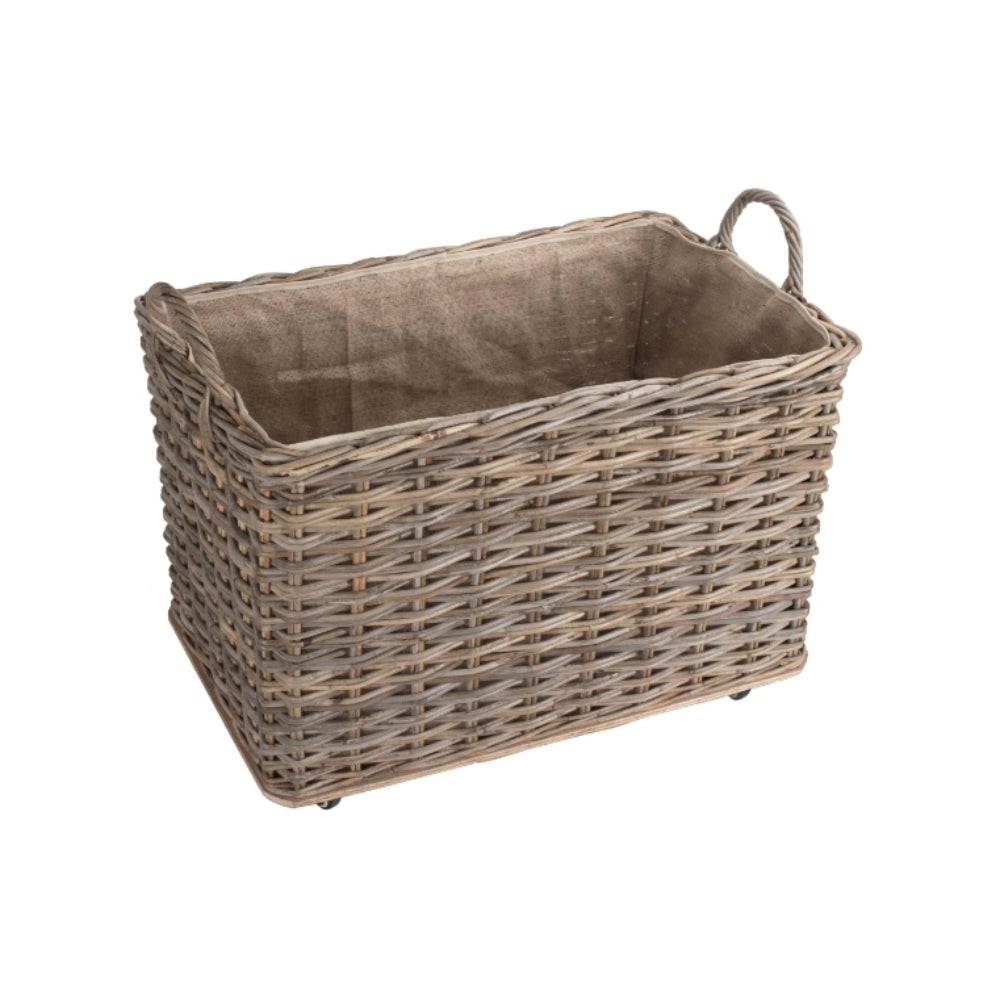 Wheeled Hessian Lined Rattan Log Basket-1
