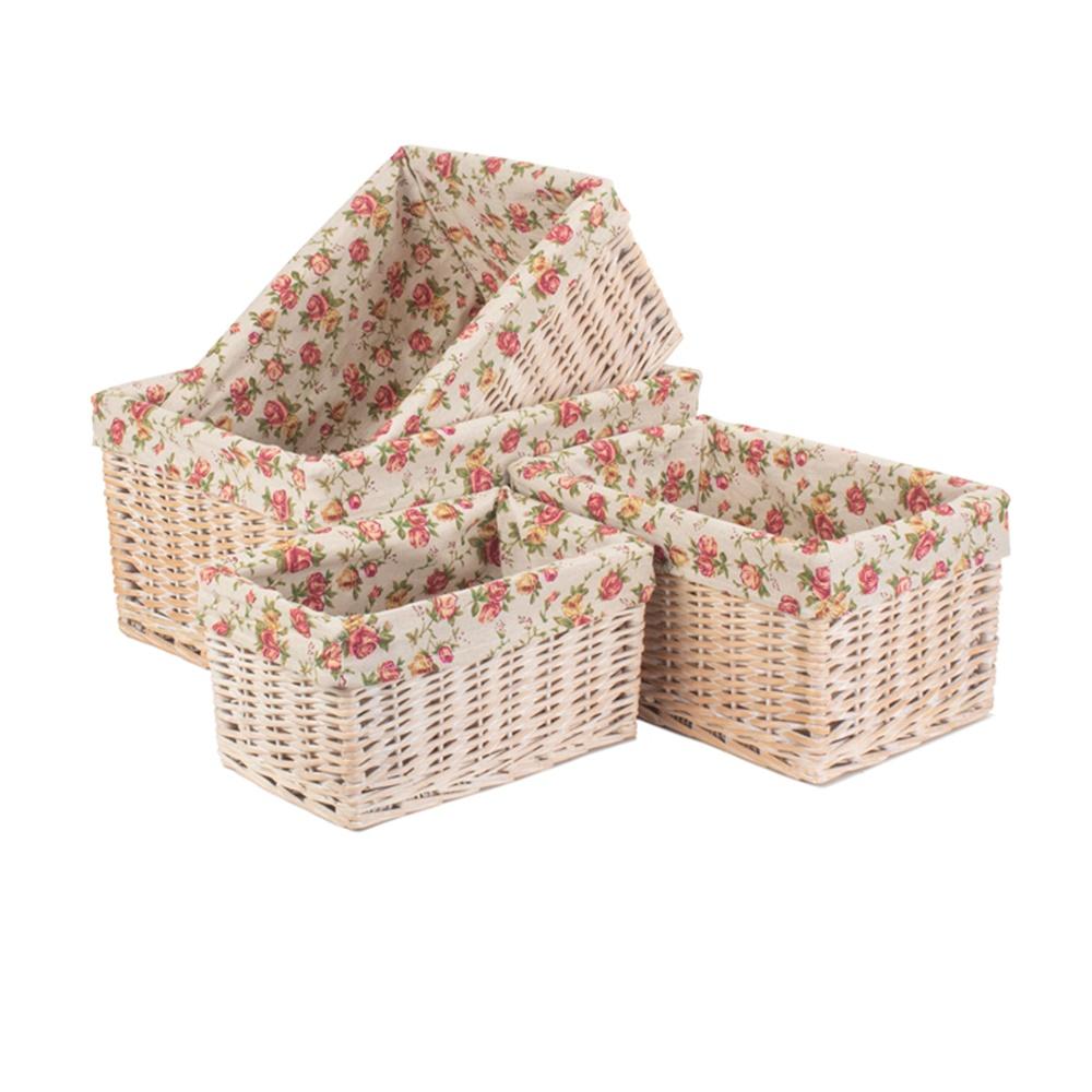 Whitewash Garden Rose Lined Wicker Storage Basket-0