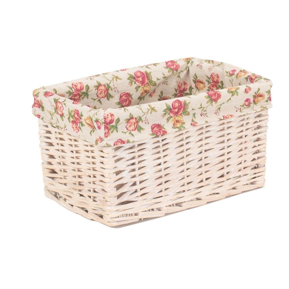 Whitewash Garden Rose Lined Wicker Storage Basket-1