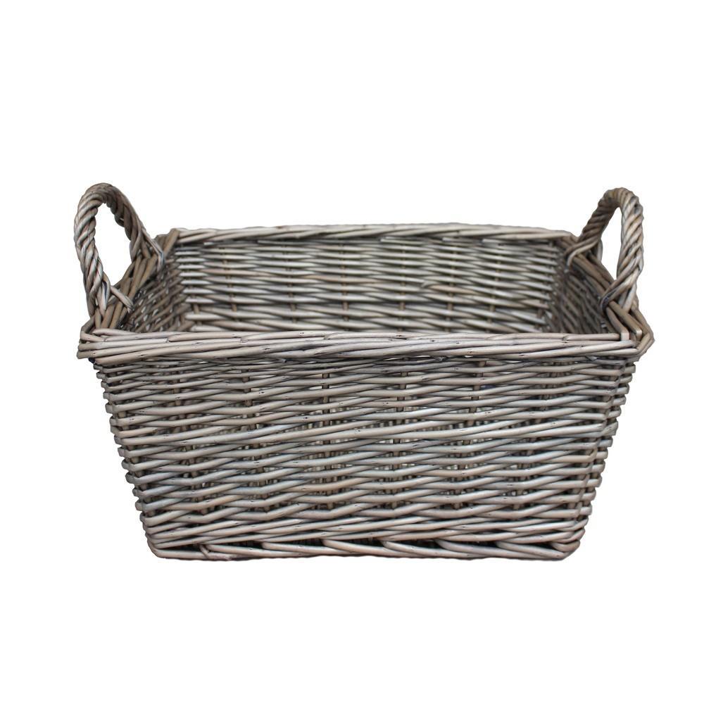 Wicker Antique Wash Finish Handled Unlined Storage Basket-1