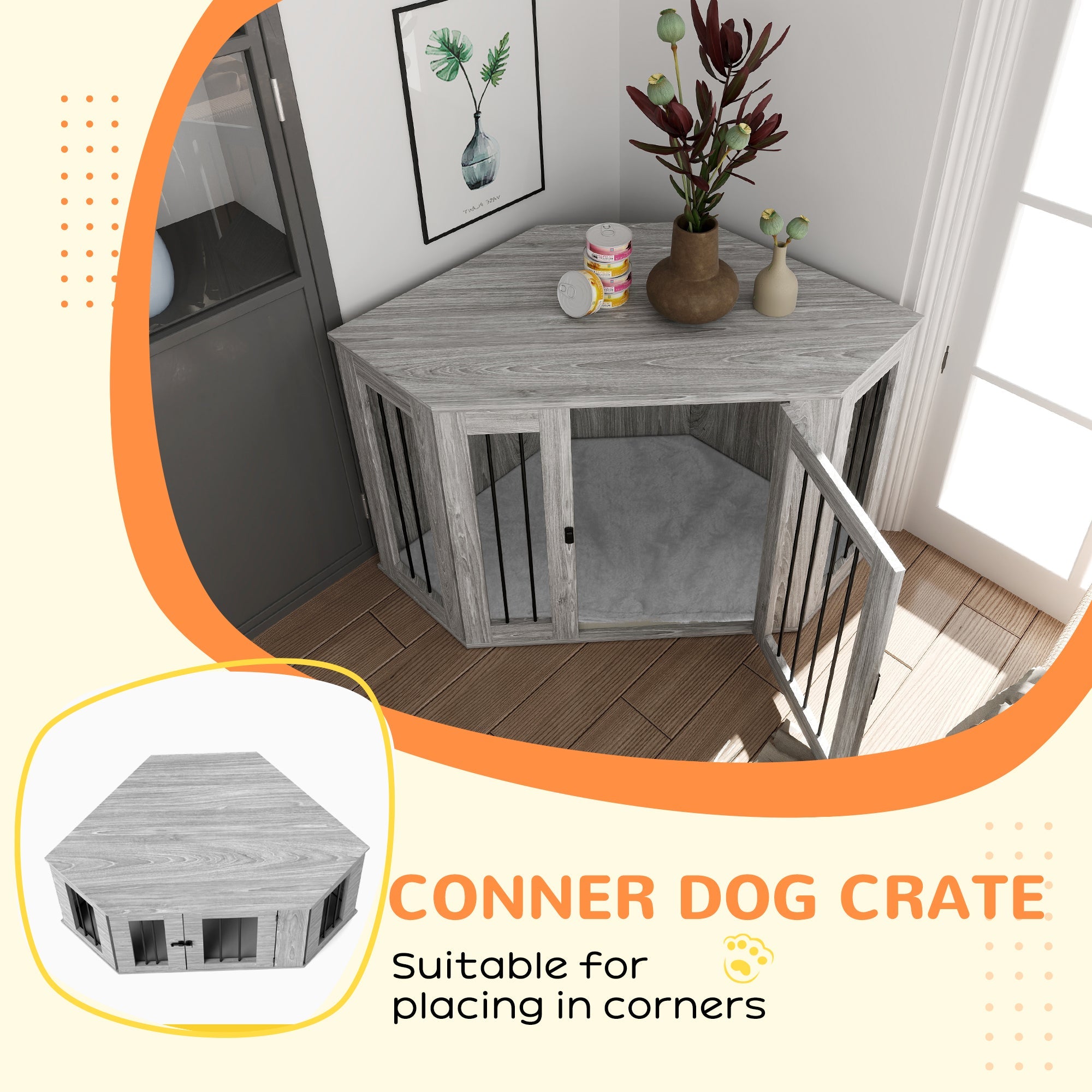 2 in 1 Dog Crate Furniture Side Table, with Cushion, 122 x 61 x 71cm - Grey-4