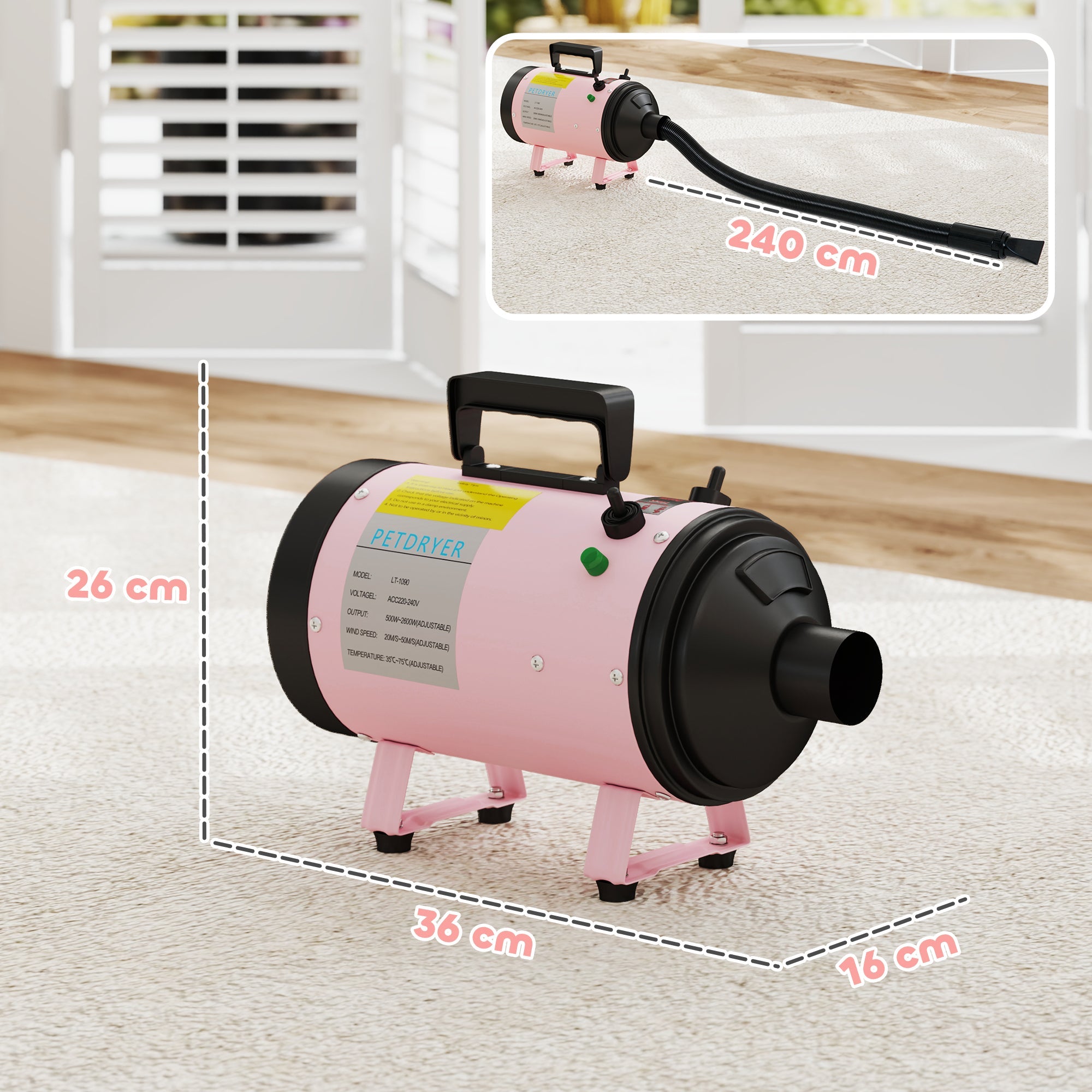2200W Dog Hair Dryer with Adjustable Temperature & Velocity, 3 Different Nozzles, Pink-2