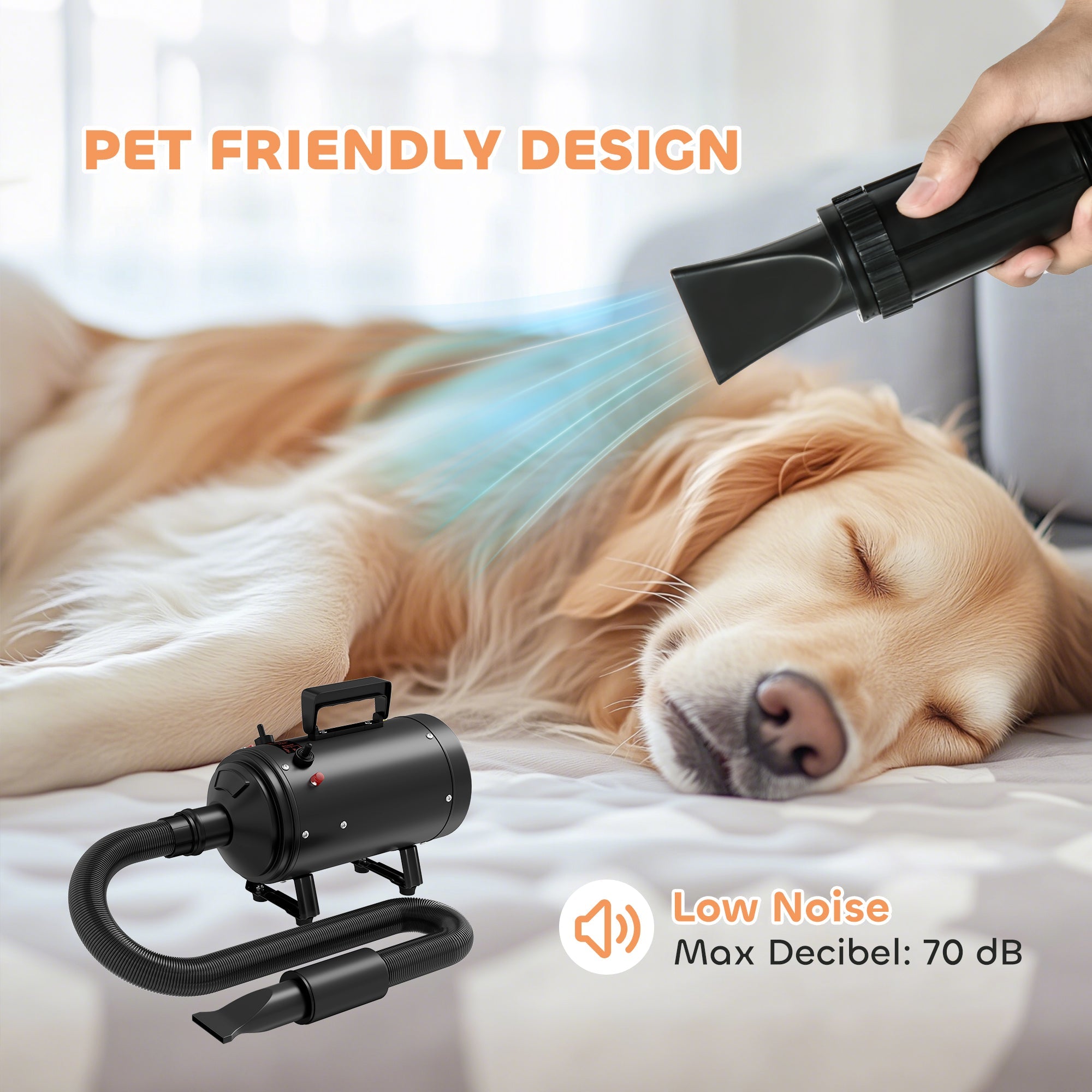 2200W Dog Hair Dryer with Adjustable Temperature & Velocity, 3 Different Nozzles, Black-4