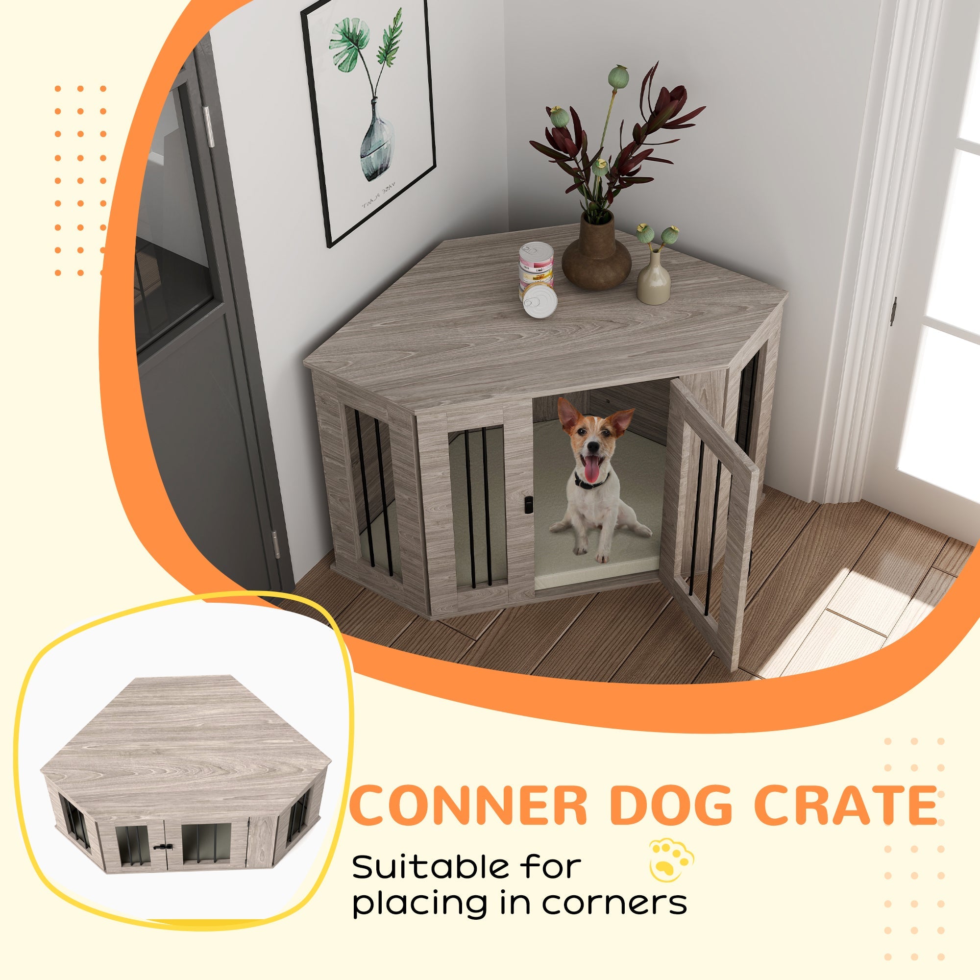 2 in 1 Dog Crate Furniture Side Table, with Cushion, 104 x 55 x 63cm - Walnut Brown-4