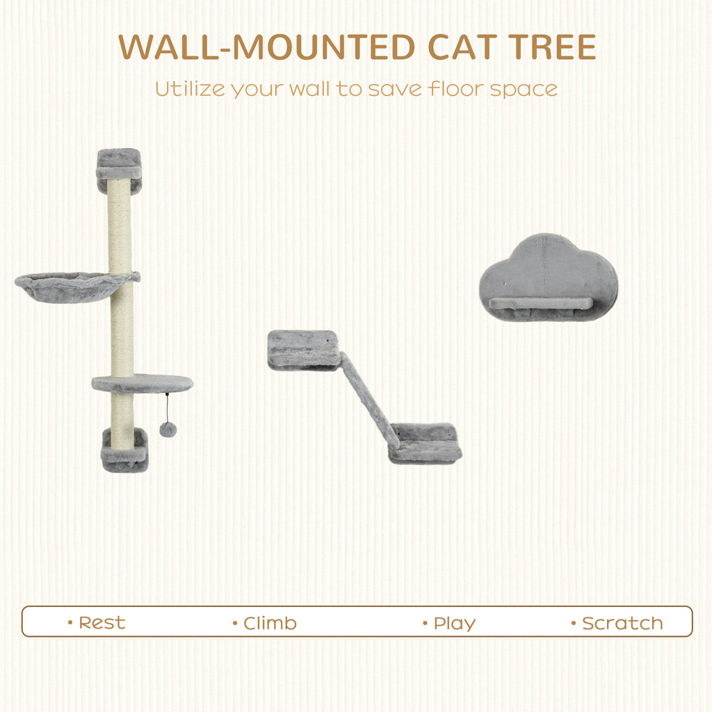 3 Pcs Wall Mounted Cat Shelves, w/ Hammock, Jumping Platform, Ladder, Scratching Post, Cat Wall Furniture w/ Play Ball for Large Cats, Grey-3