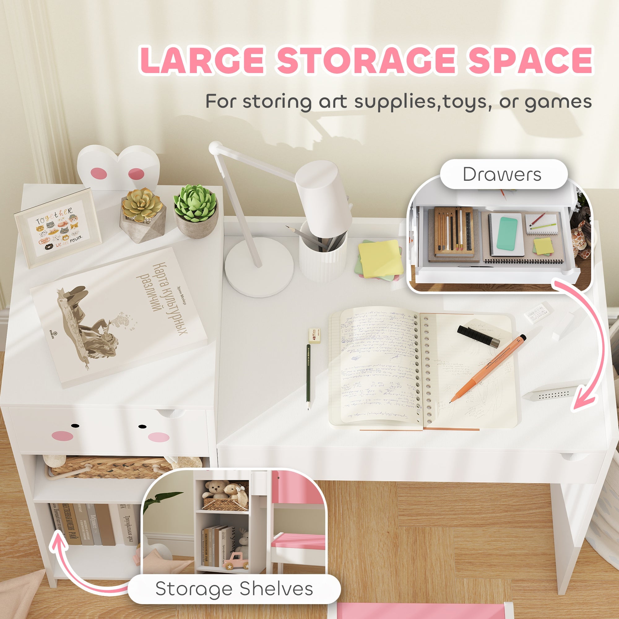 2 Piece Rabbit Themed Kids Desk and Chair Set with Storage White-4