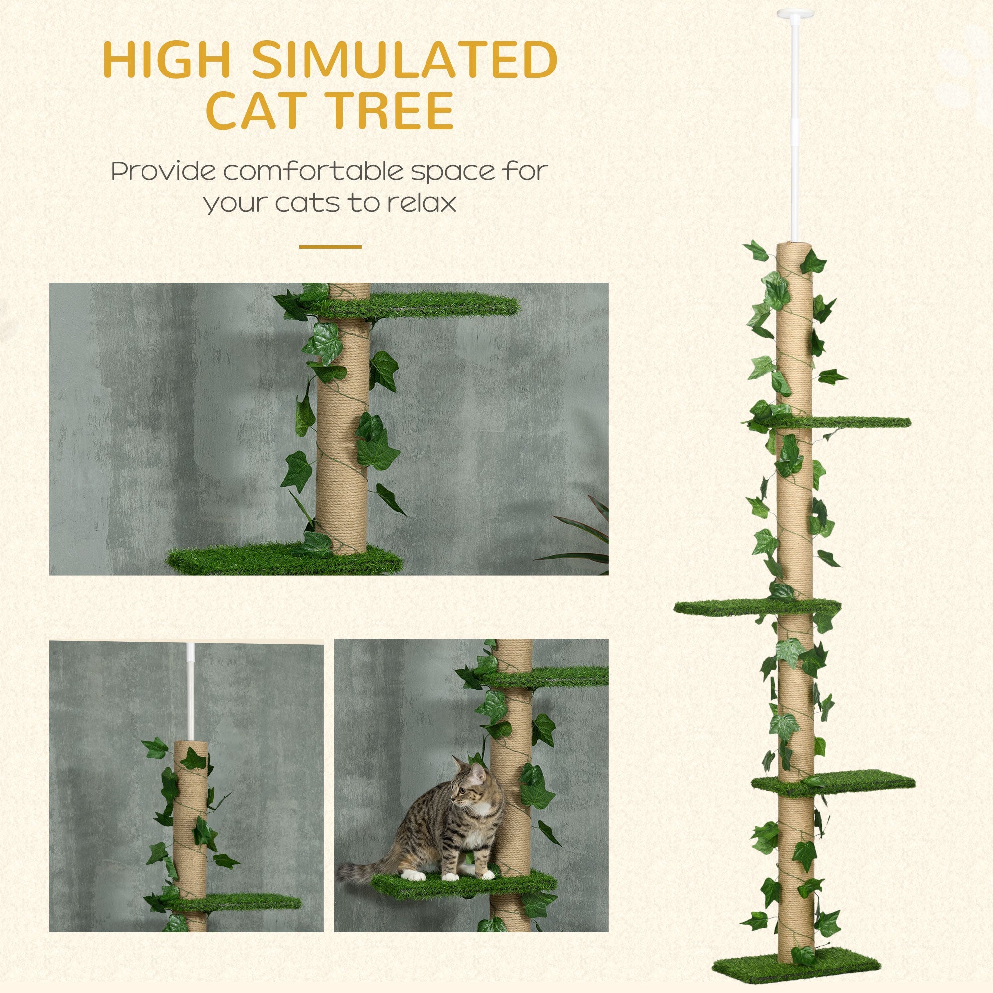 242cm Floor to Ceiling Cat Tree, Height Adjustable Kitten Tower with Anti-slip Kit, Highly Simulated Multi-Layer Activity Center Green-3