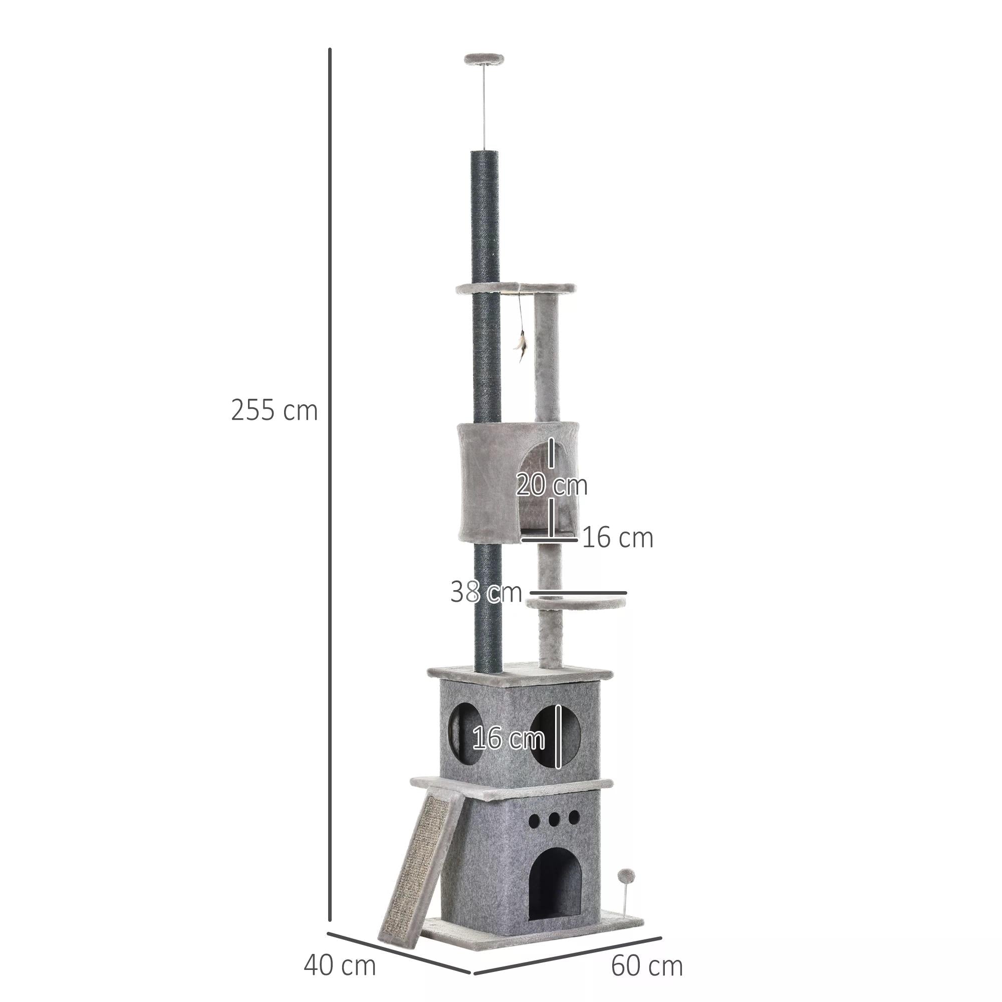 255cm Cat Climbing Tree Adjustable Kitty Activity Center Floor-to-Ceiling Cat Climber Toy with Double Condo Play Rest Post Light Grey-2