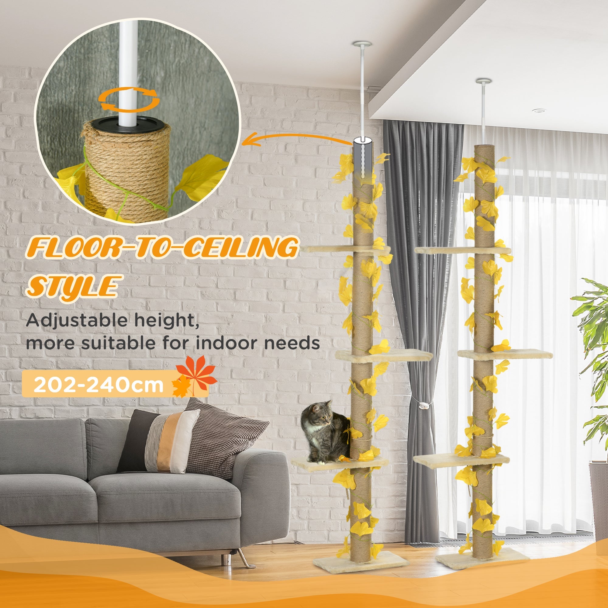 202-242cm Height Adjustable Floor to Ceiling Cat Tree for Cats with Sisal Scratching Post, 3- Tier Cat Tower-4