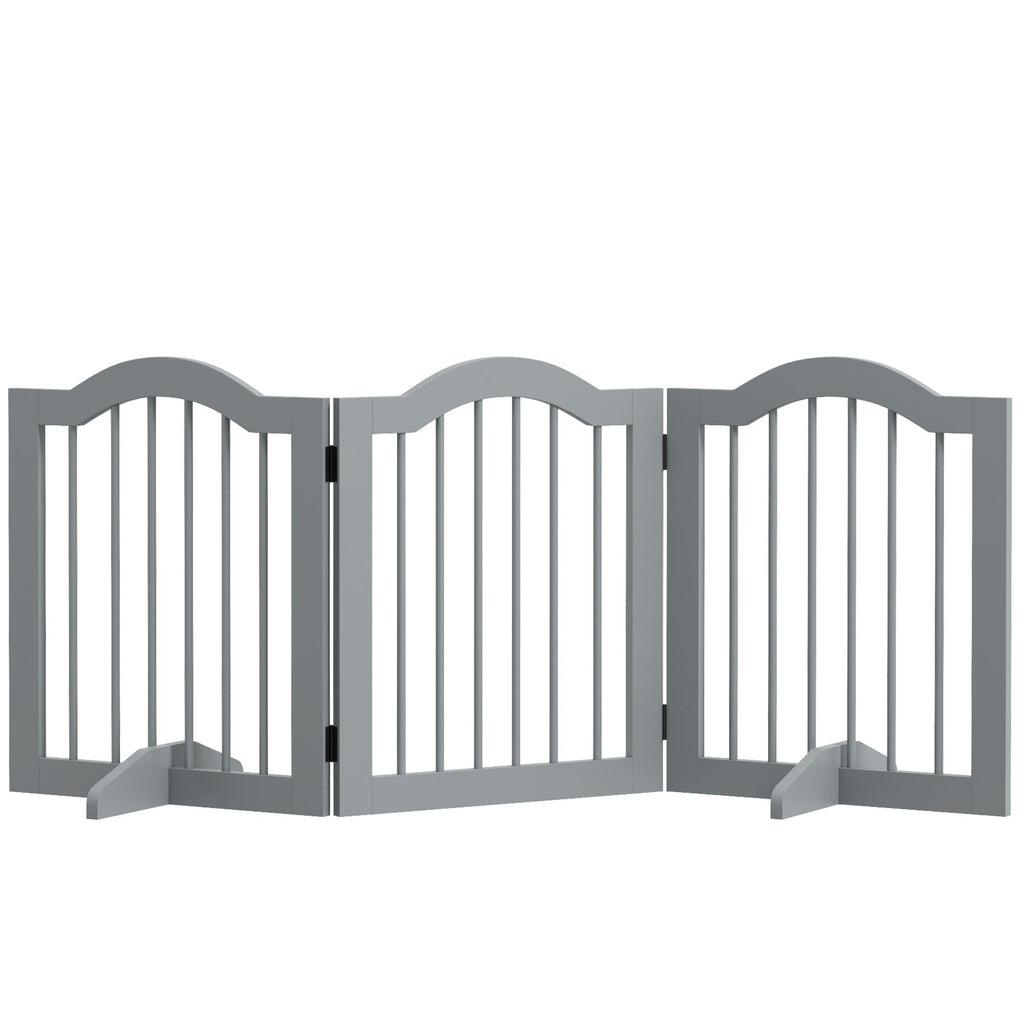 3 Panels Dog Gate w/ Support Feet Fence Safety Barrier Freestanding Wood Light Grey-0