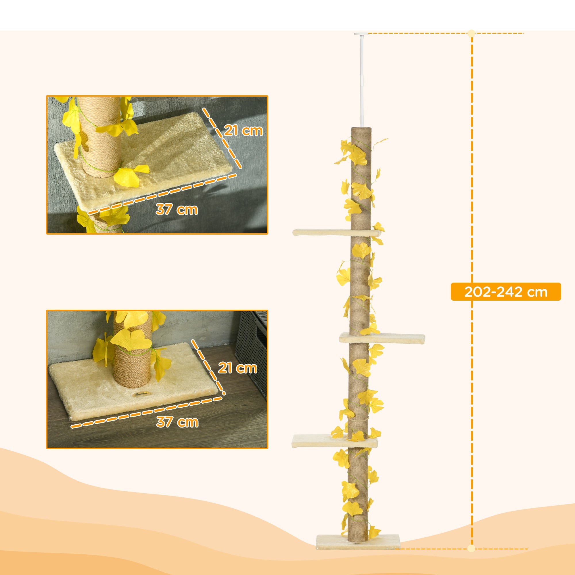 202-242cm Height Adjustable Floor to Ceiling Cat Tree for Cats with Sisal Scratching Post, 3- Tier Cat Tower-2