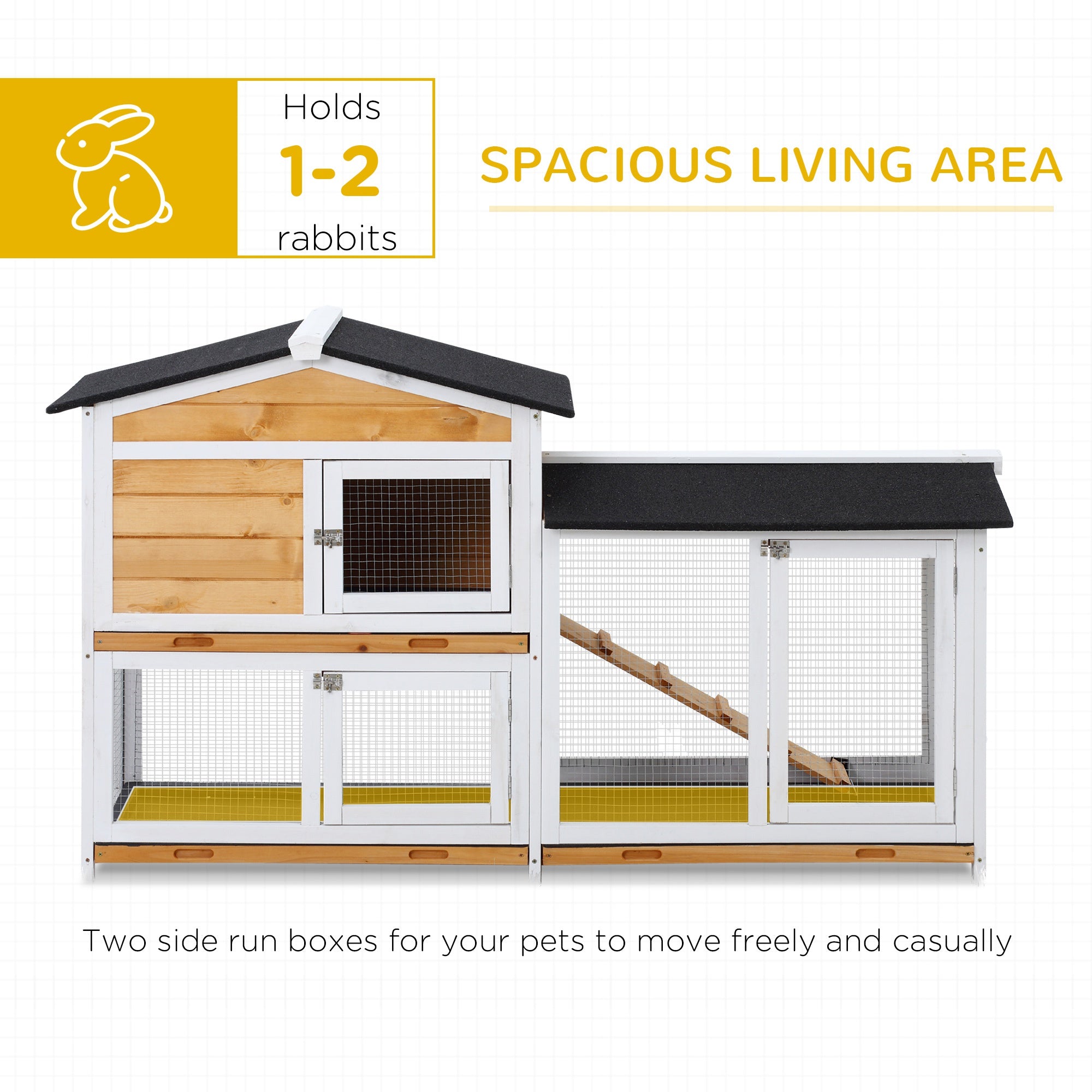 2-Tier Rabbit Hutch Wooden Guinea Pig House Pet Cage Outdoor w/ Sliding-out Tray Ramp, 157.4x53x93.5cm, Yellow-4