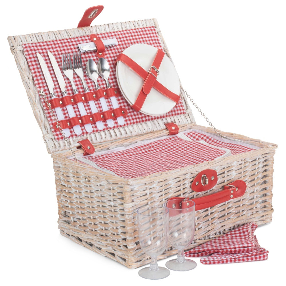 Red and White Gingham 2 Person Fitted Wicker Picnic Basket-0