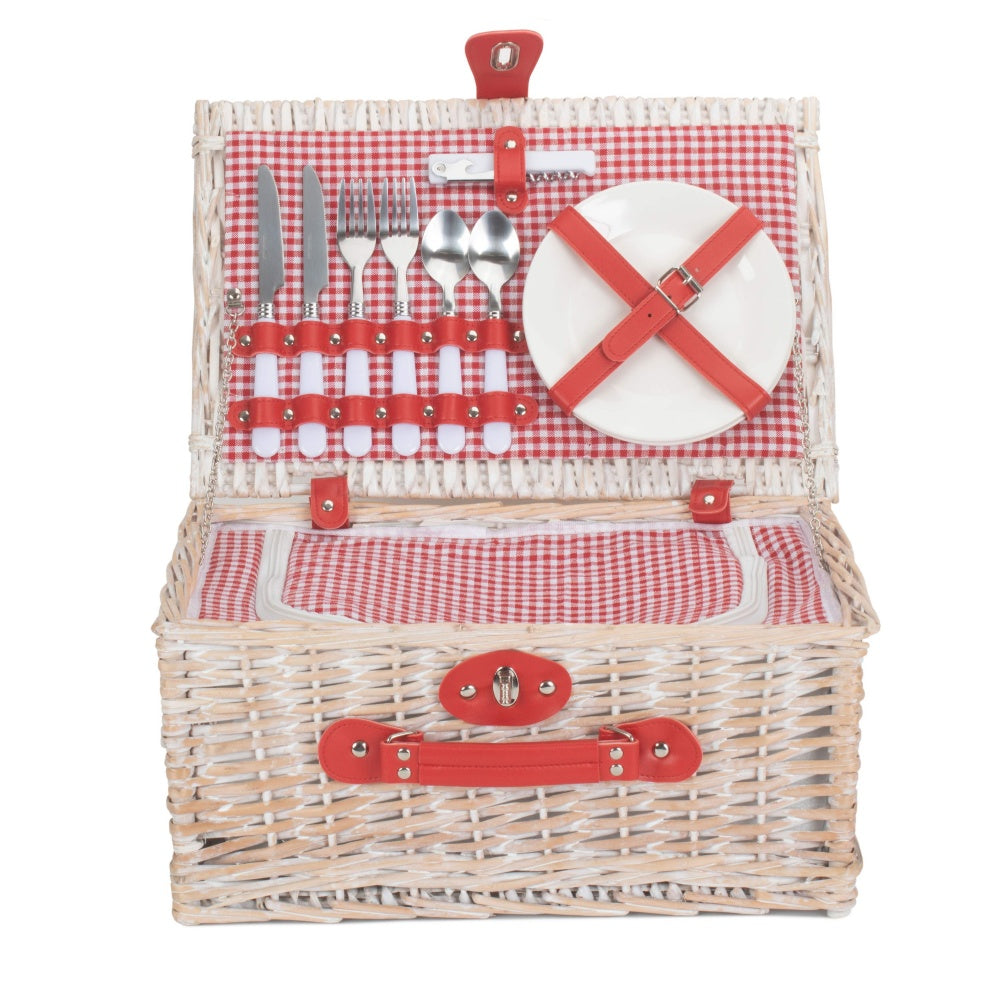 Red and White Gingham 2 Person Fitted Wicker Picnic Basket-1