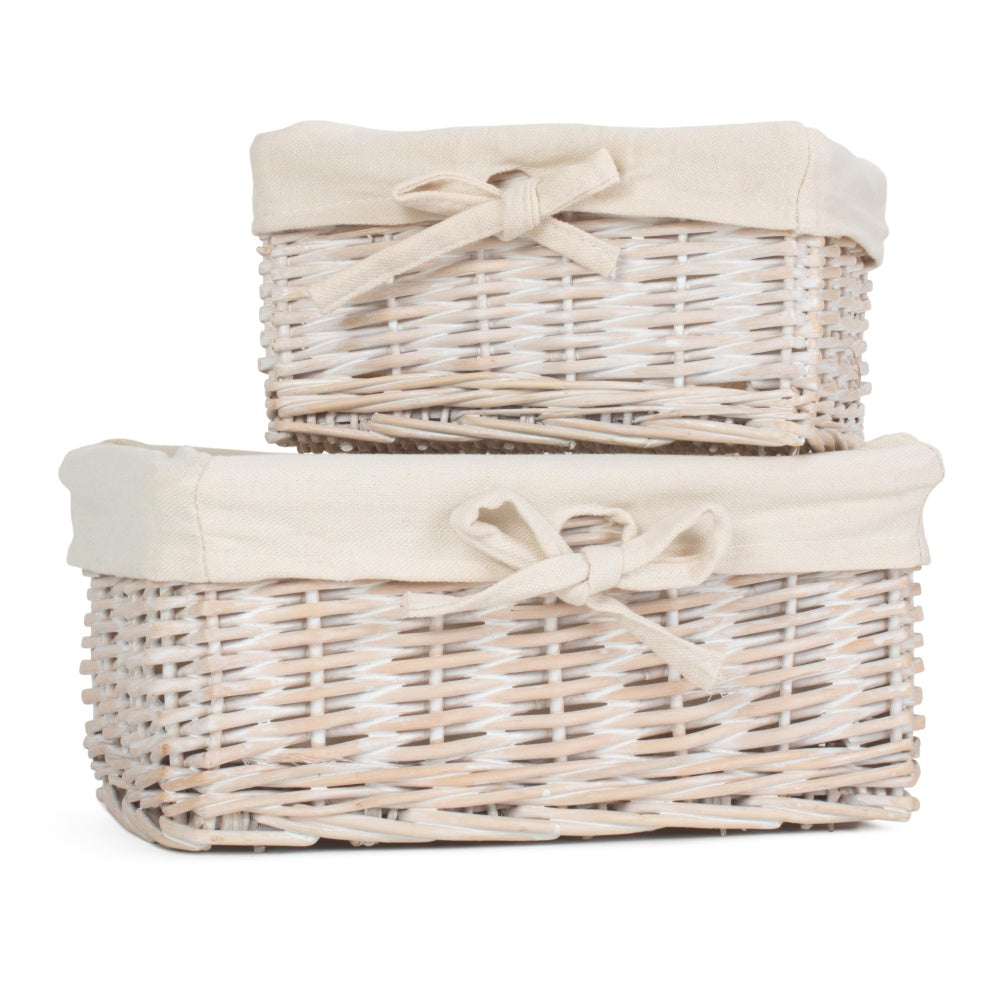 Set of 2 White Wash Finish Cotton Lined Willow Basket-0