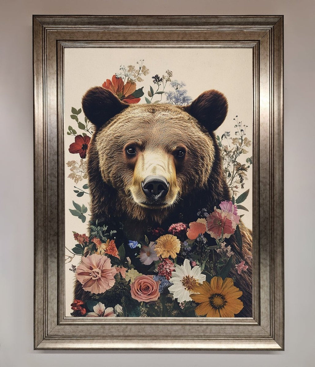 Brown Grizzly Bear Floral Framed Print-0
