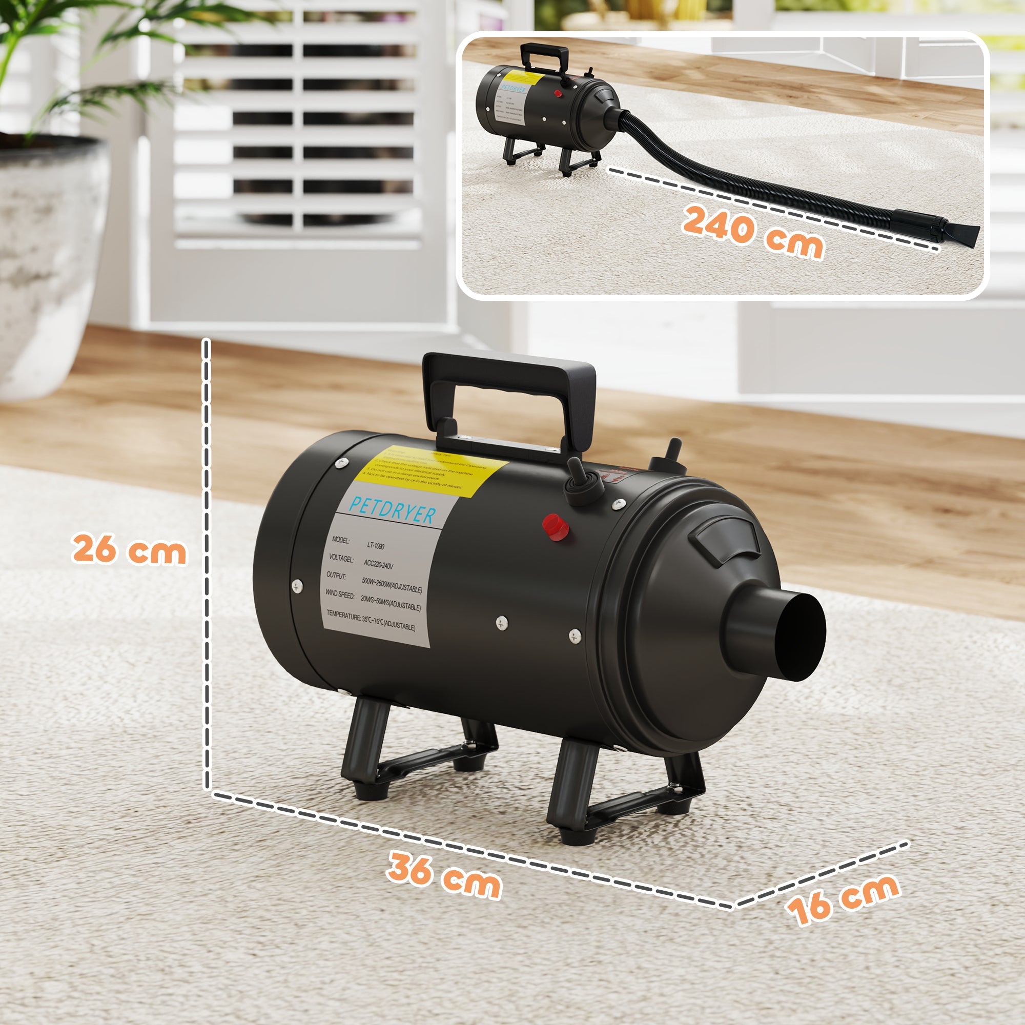 2200W Dog Hair Dryer with Adjustable Temperature & Velocity, 3 Different Nozzles, Black-2