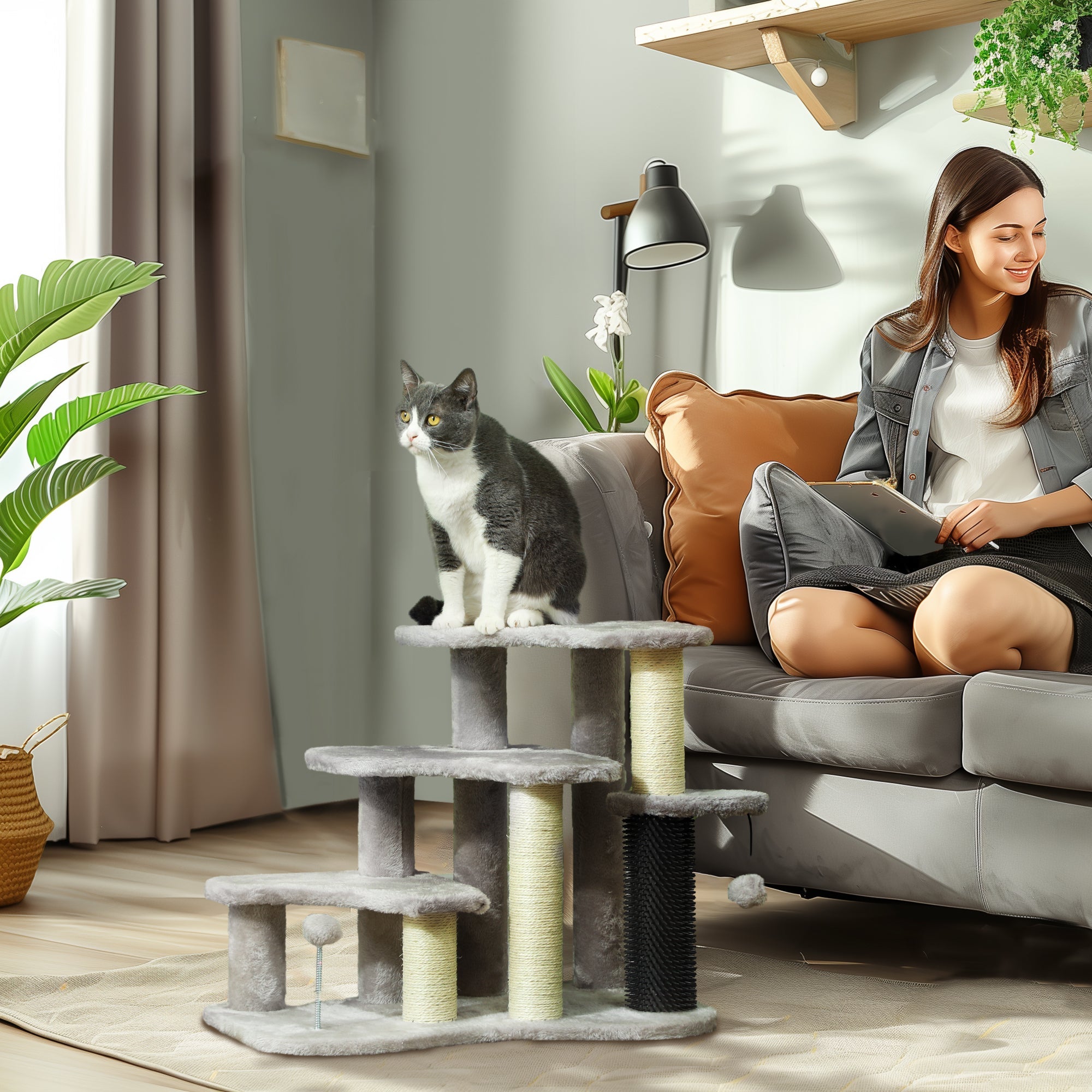 2-in-1 Cat Tree, Pet Stairs w/ Scratching Post, Toy Balls, for Bed, Sofa, Couch, Light Grey-1