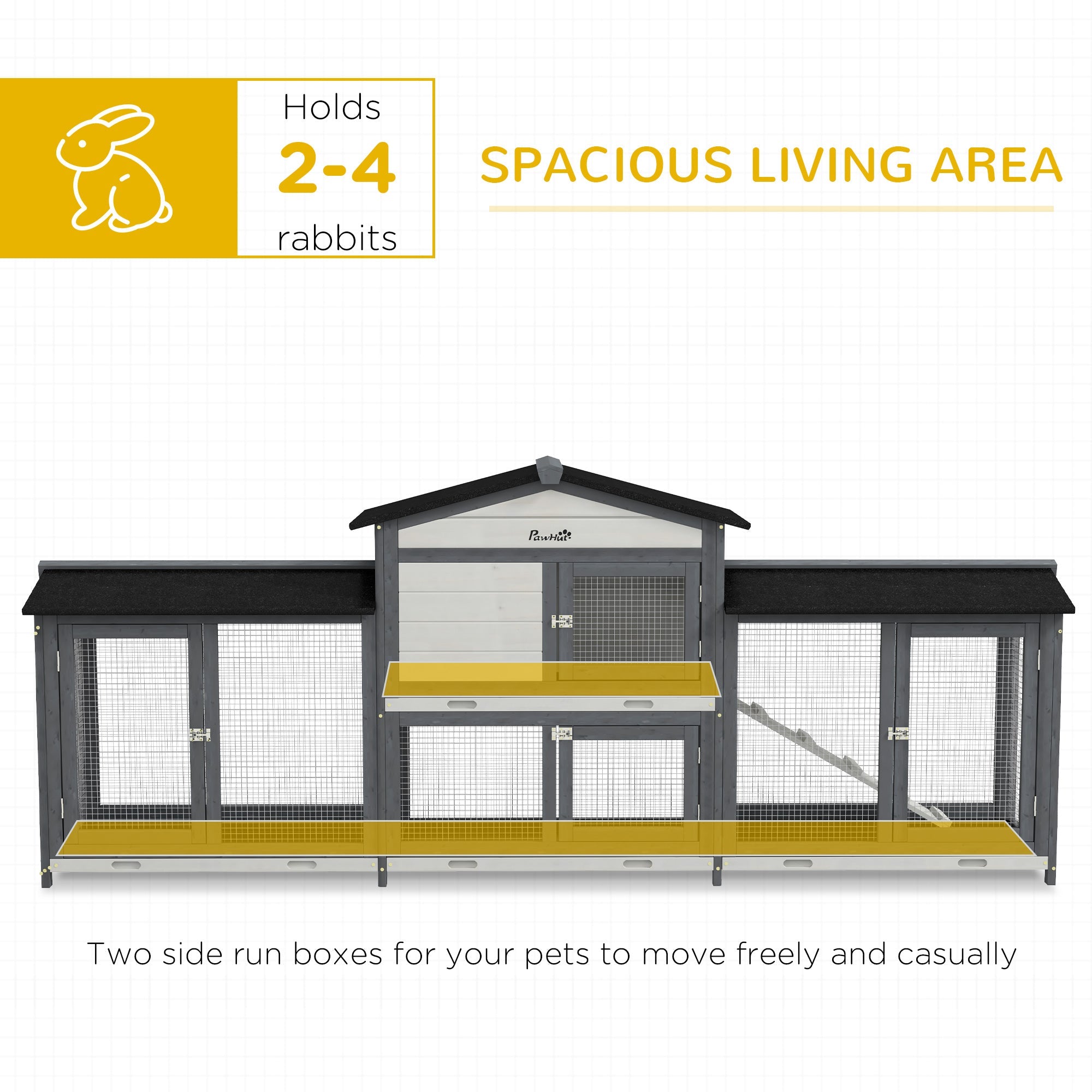2-Tier Large Rabbit Hutch Outdoor with Double Side Run Boxes, No-leak Plastic Tray, Ramp, 230 x 53 x 93.5cm, Light Grey-3