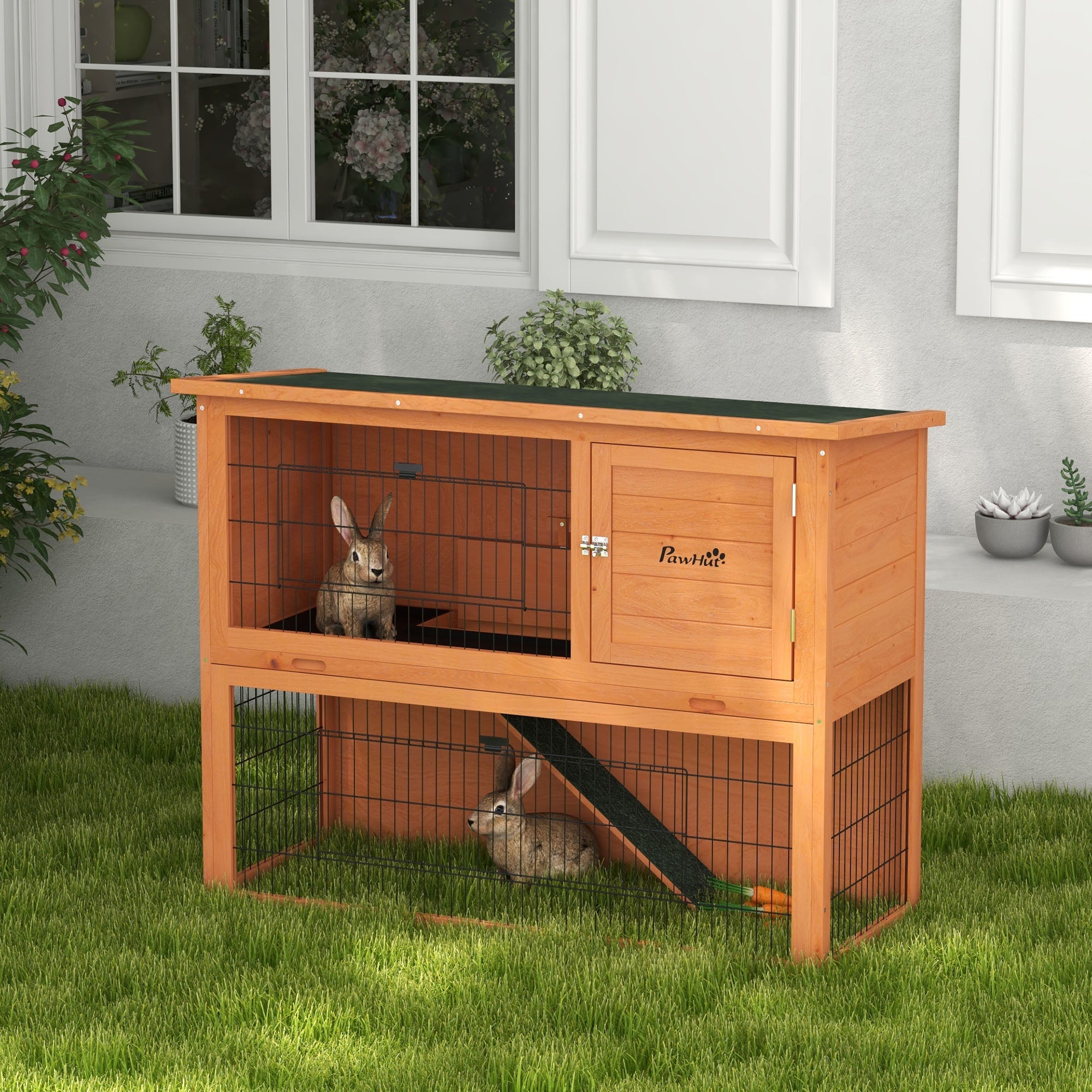 2 Tier Antiseptic Wood Rabbit Hutch with Run Outdoor 92cm Orange-1