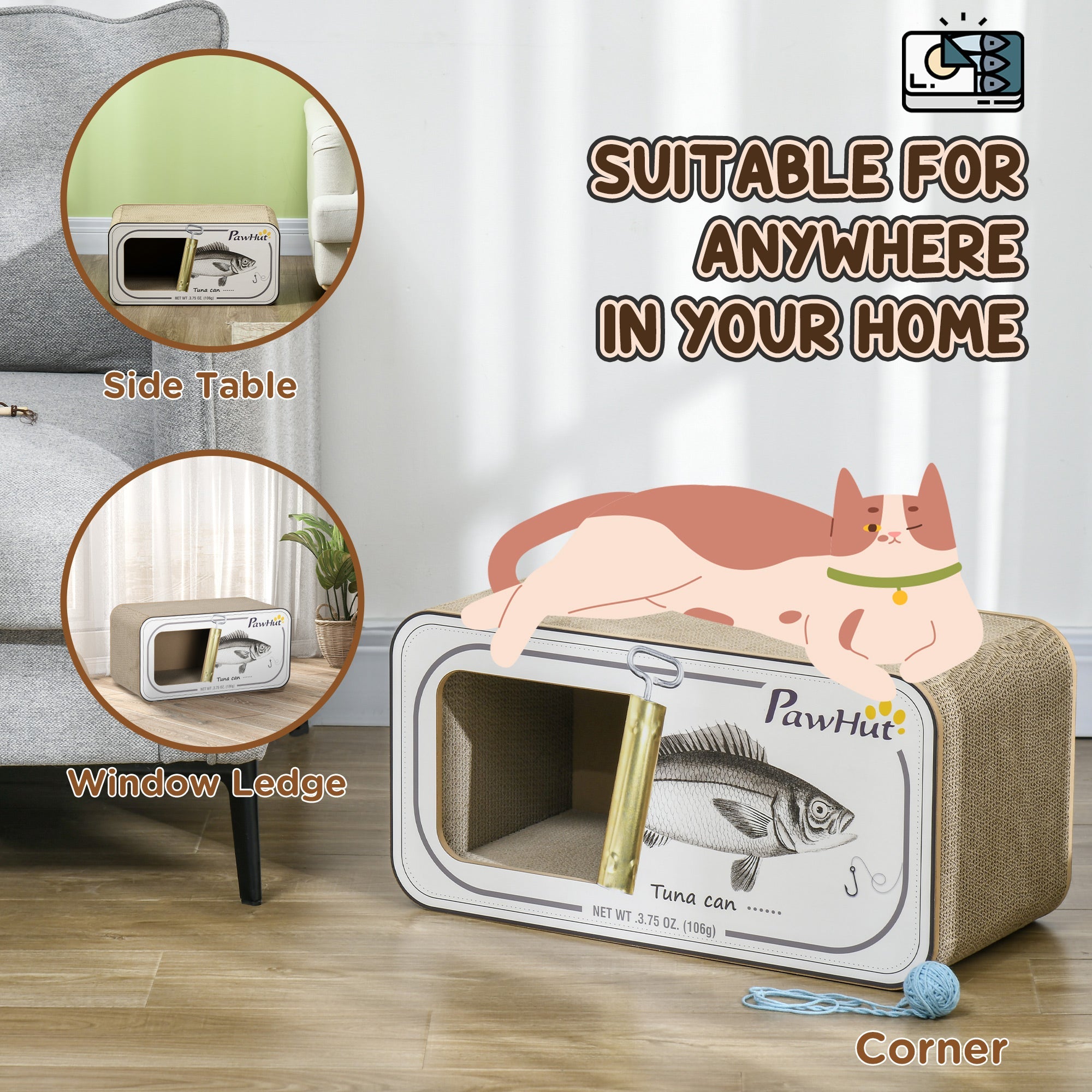 2 in 1 Cat Scratching Board, Cardboard Cat House with Catnip, Canned Tuna Design-3