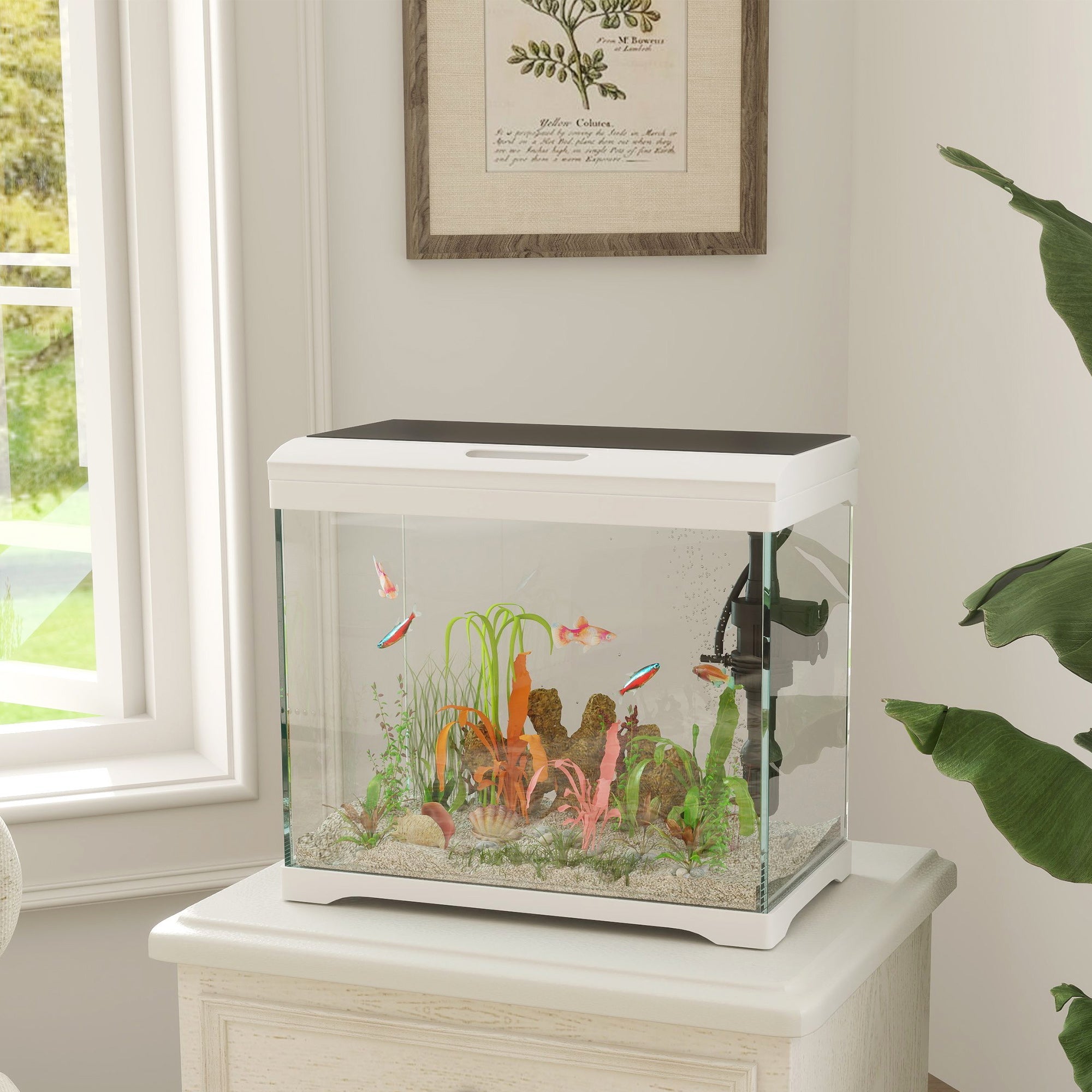 27L Glass Fish Tank with Filter System, LED Light, Water Pump, for Betta, Goldfish, Shrimps, White-1