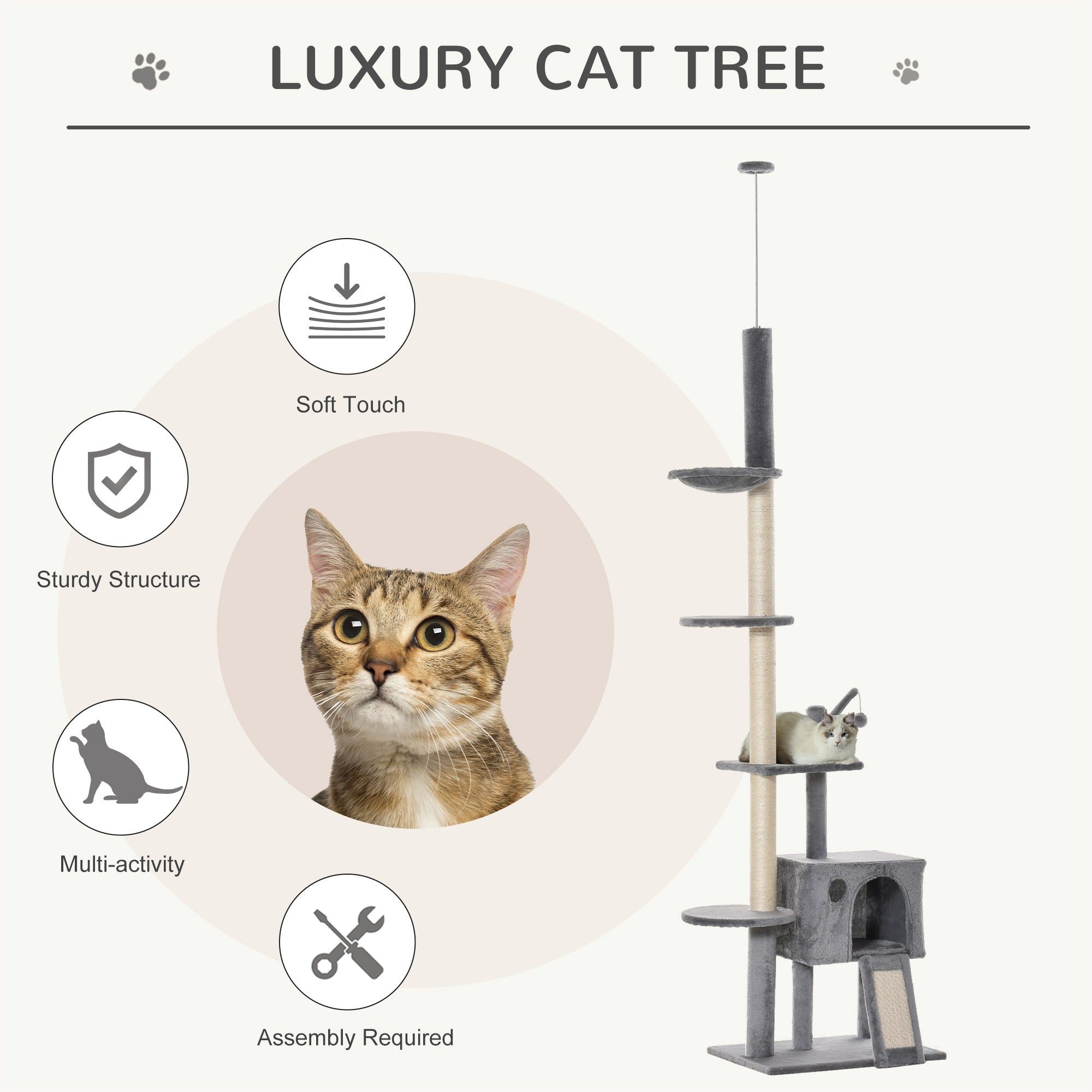 280cm Huge Cat Tower Activity Center Floor-to-Ceiling Cat Climbing Toy with Scratching Post Board Hammock Hanging Ball Rest Light Grey-3