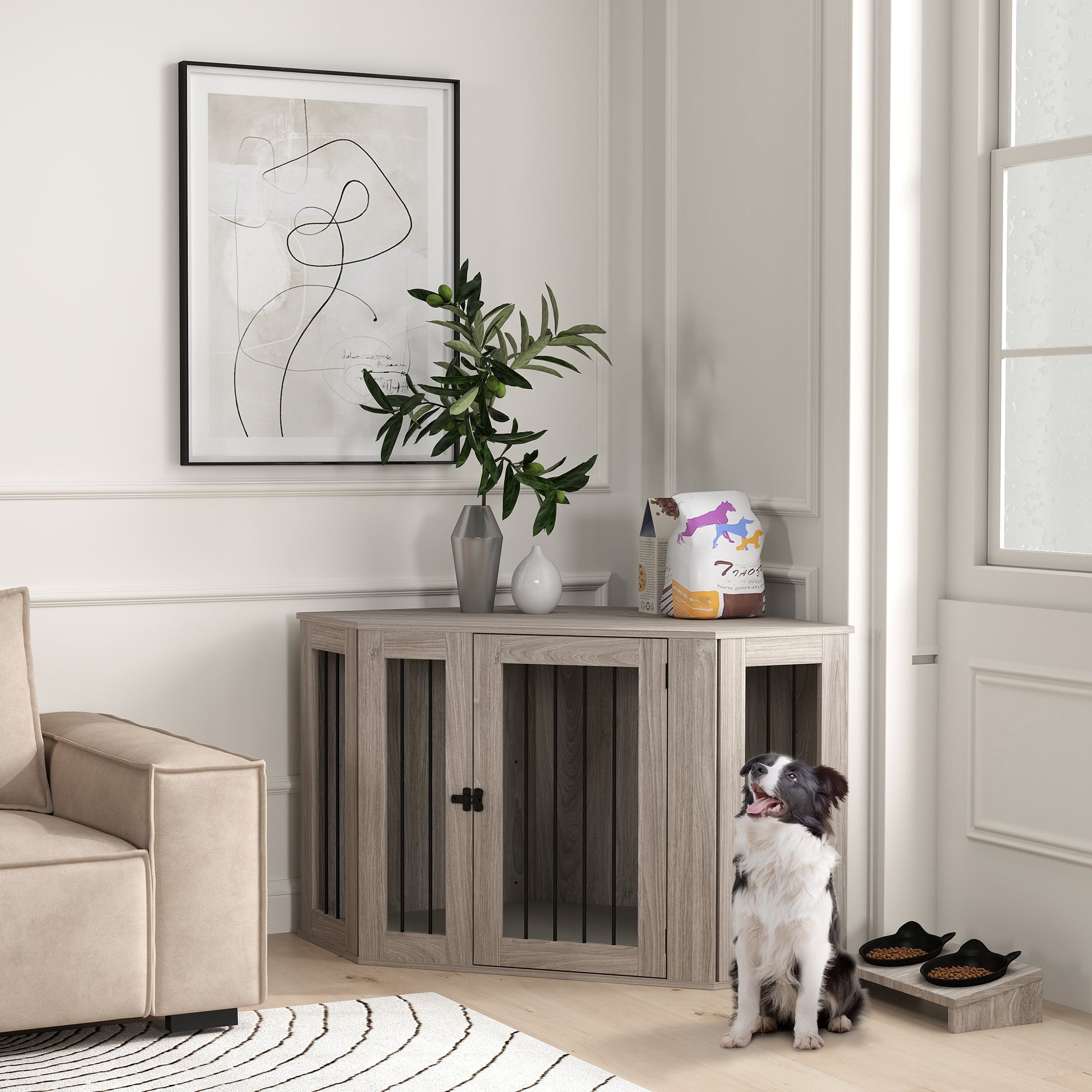 2 in 1 Dog Crate Furniture Side Table, with Cushion, 122 x 61 x 71cm - Walnut Brown-1