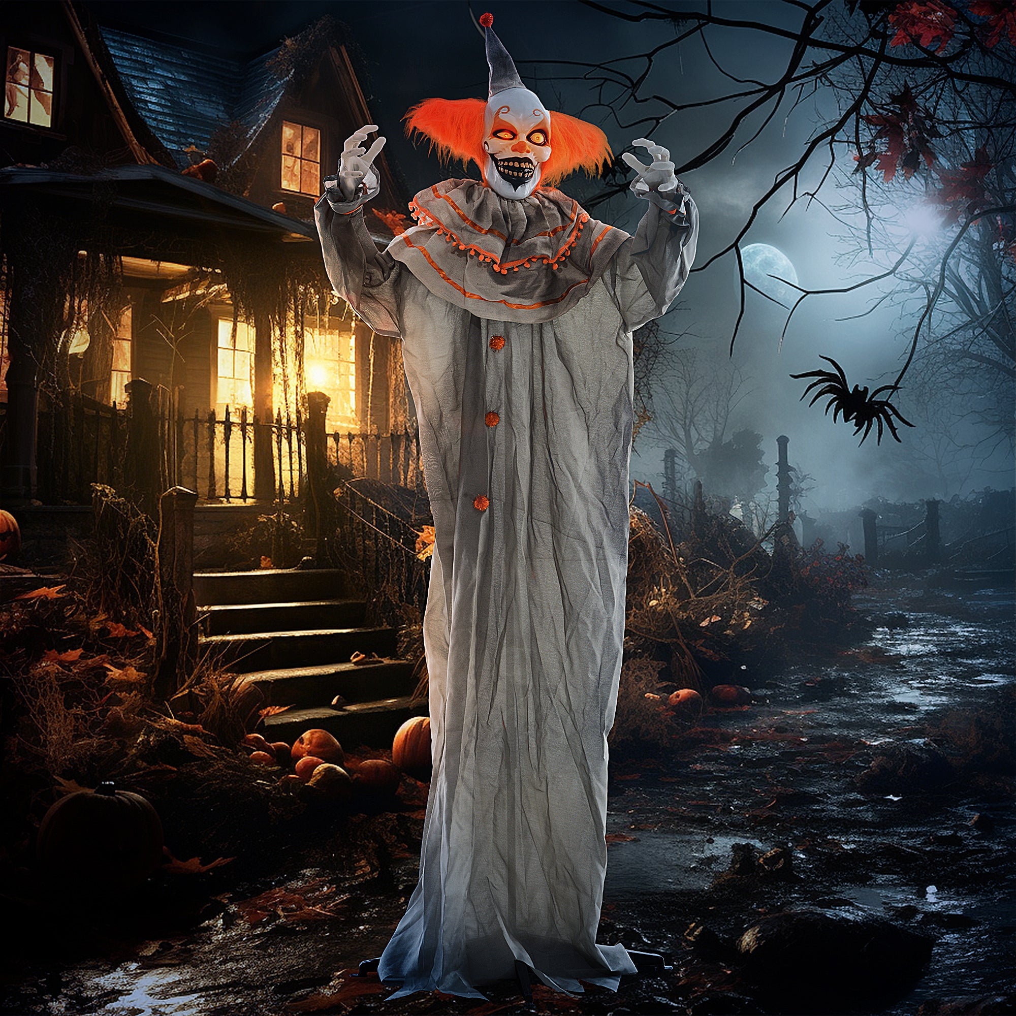 6' Orange Clown Halloween Animatronic, with Glowing Eyes-1