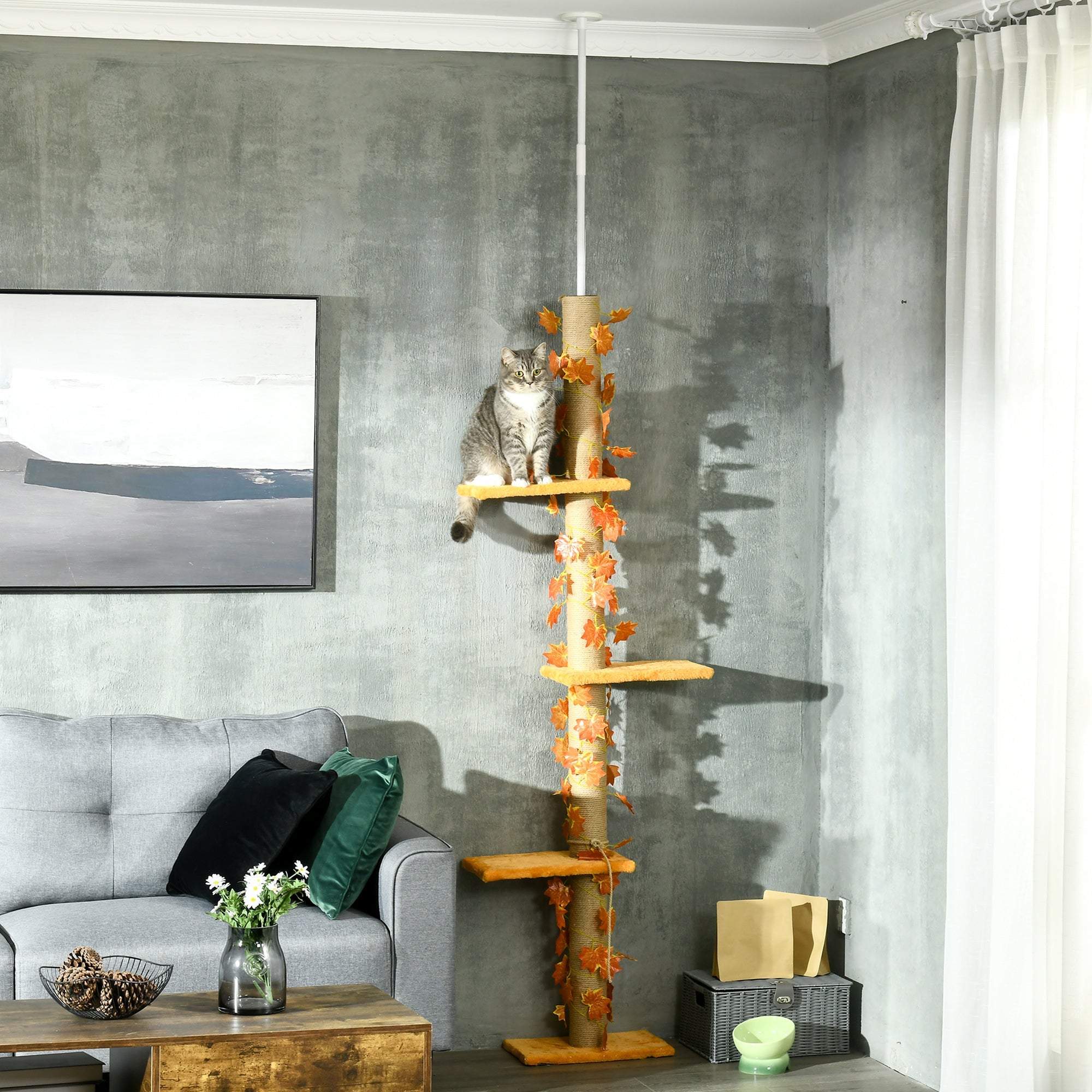 202-242cm Height Adjustable Floor to Ceiling Cat Tree for Cats with Sisal Scratching Post, 3- Tier Cat Tower-1