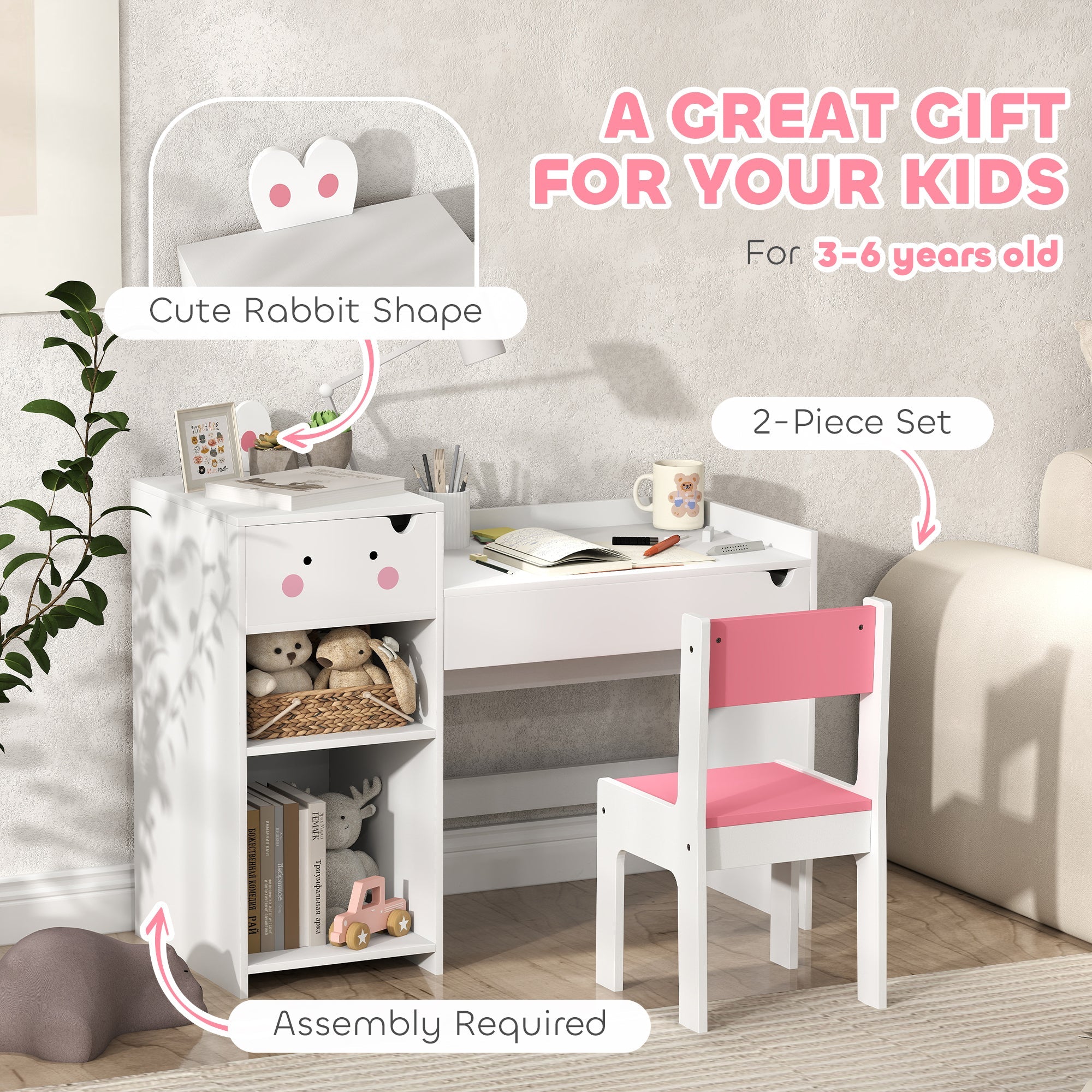2 Piece Rabbit Themed Kids Desk and Chair Set with Storage White-3