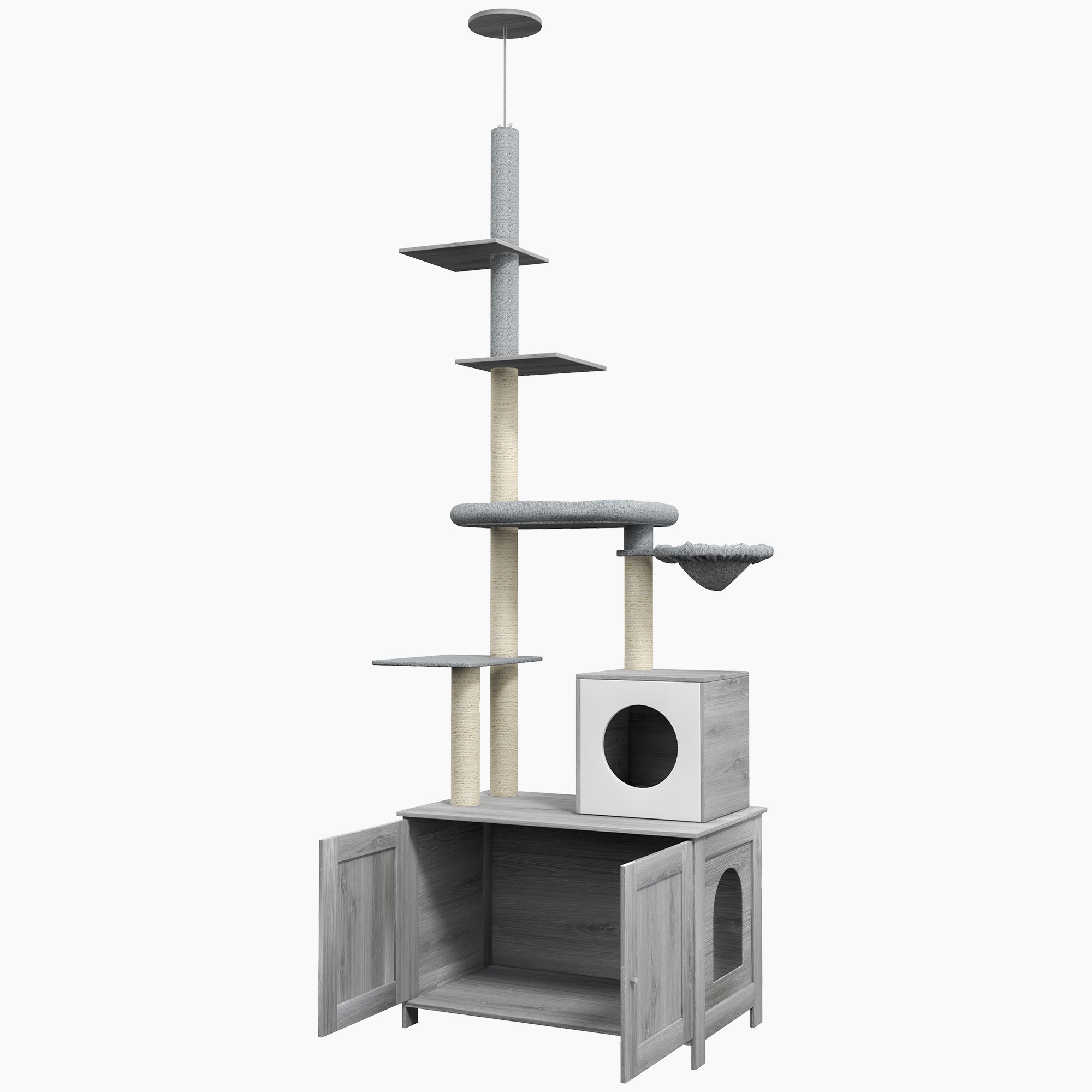 2-in-1 Floor-To-Ceiling Cat Tree with Hidden Litter Box, for Indoor Use - Grey-0