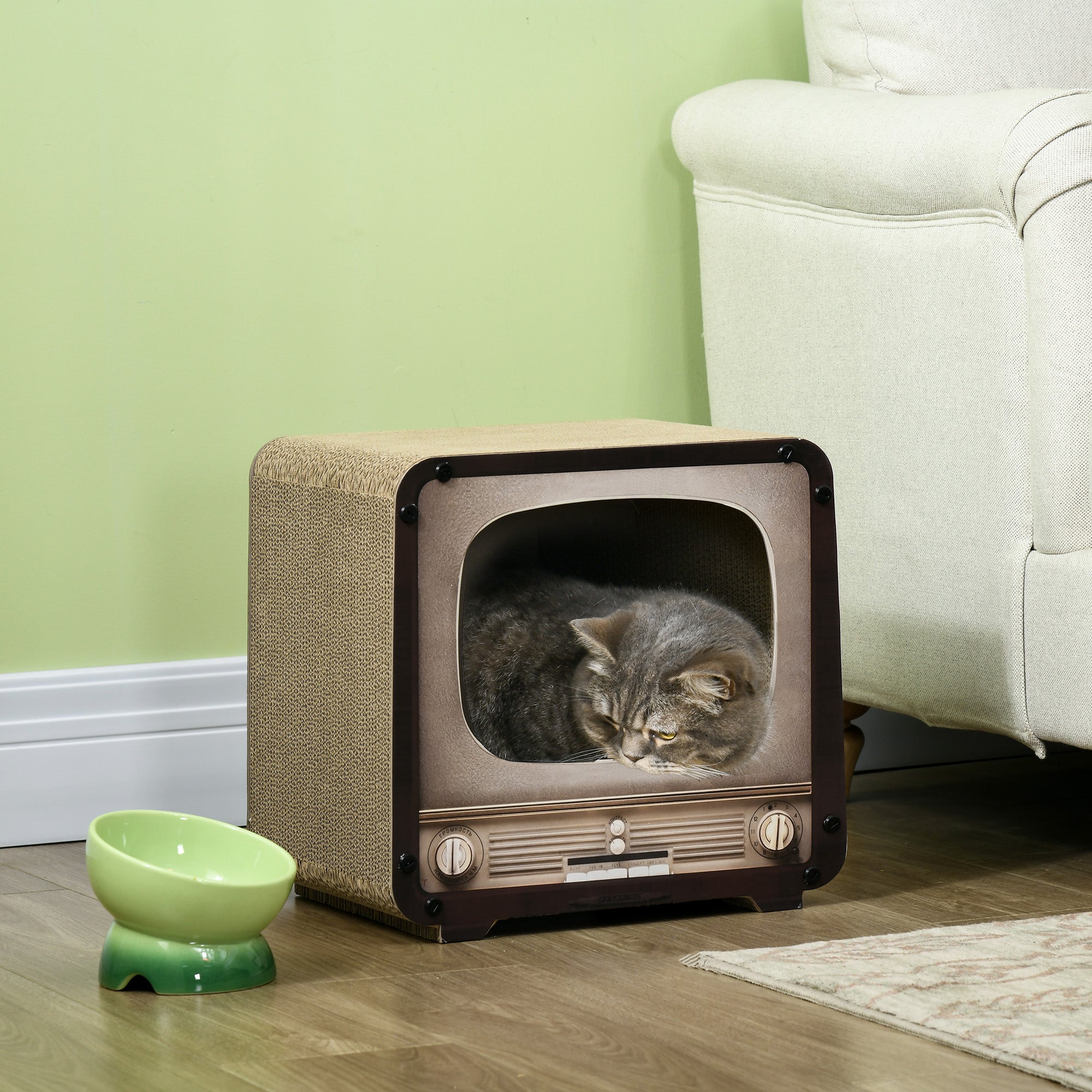 2 in 1 TV Shape Cat Scratching Board House with Catnip, for Indoor Cats, Brown-1