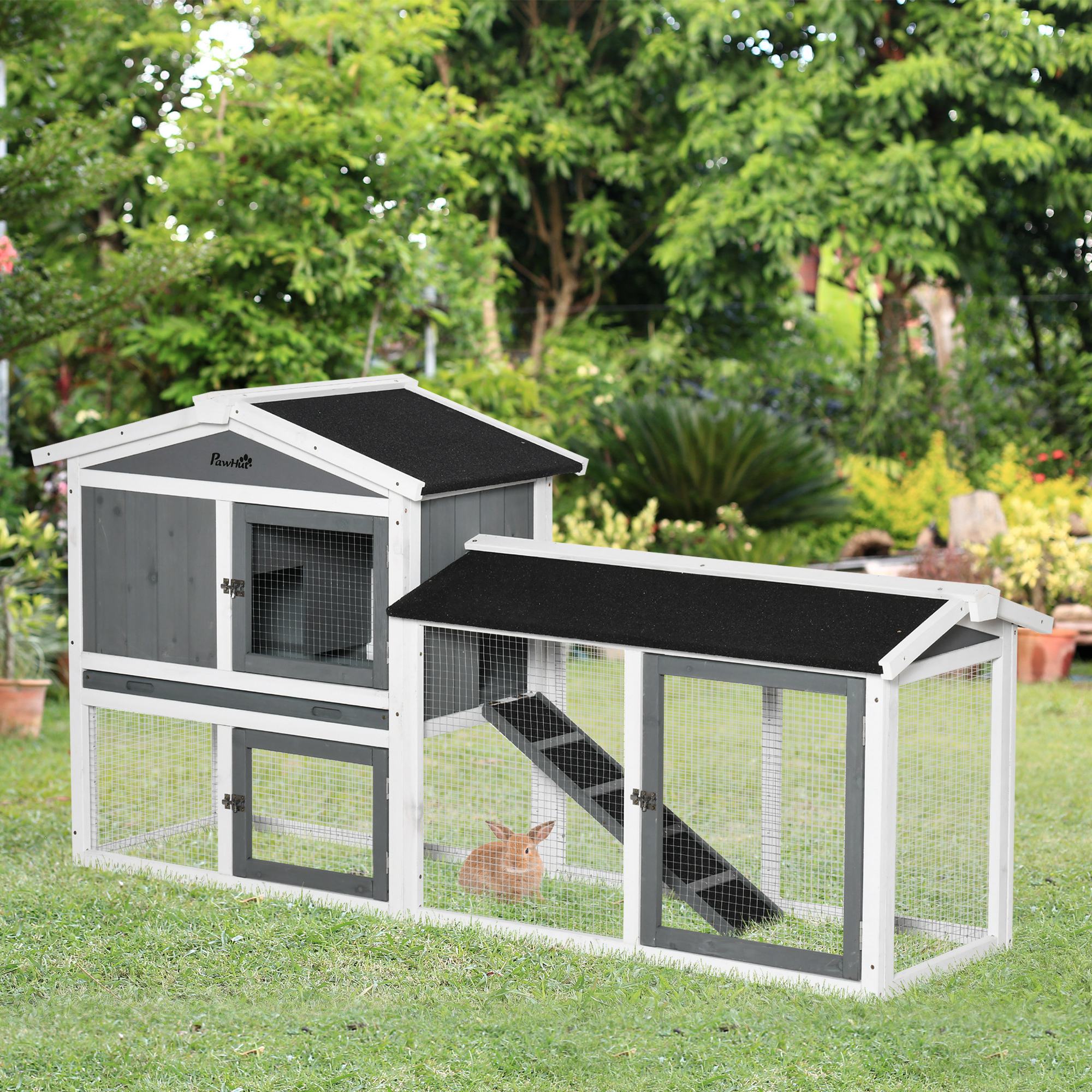 2 Tier Wooden Rabbit Hutch, Guinea Pig Cage, Bunny Run, Small Animal House with Run Box, Slide-out Tray, 175.8 x 52 x 85.5cm, White-1