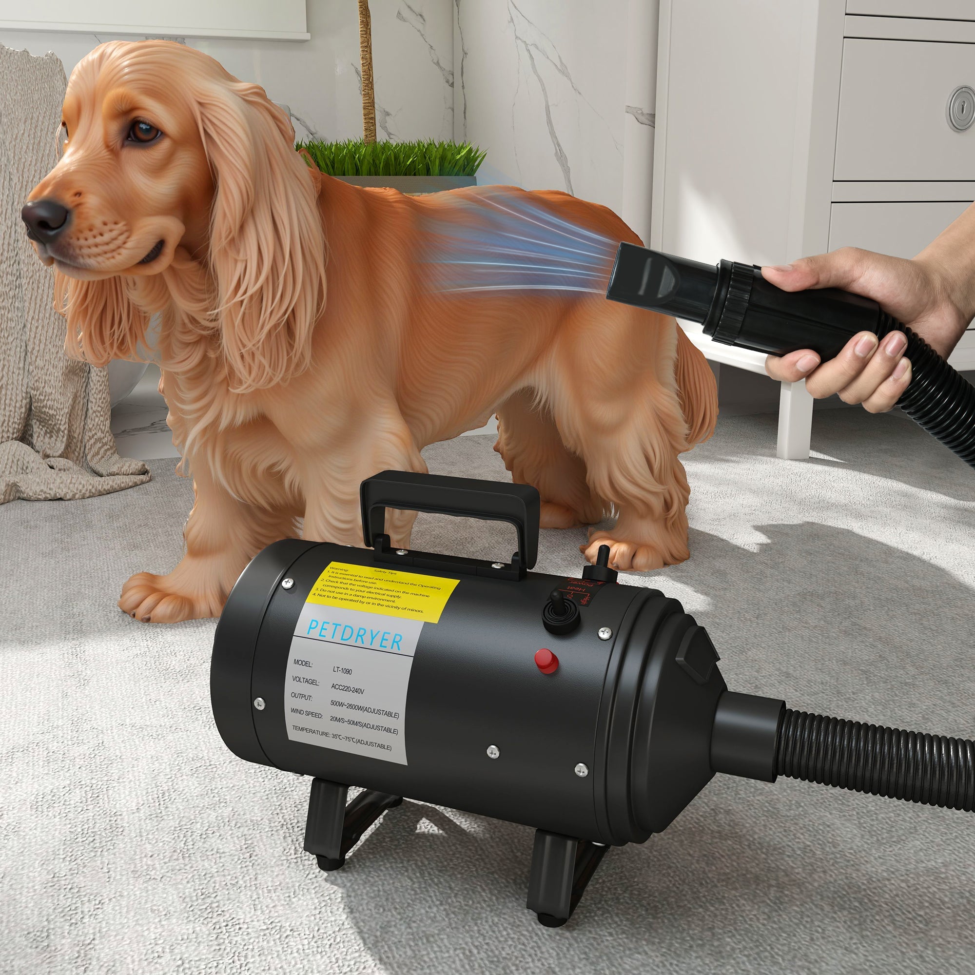 2200W Dog Hair Dryer with Adjustable Temperature & Velocity, 3 Different Nozzles, Black-1
