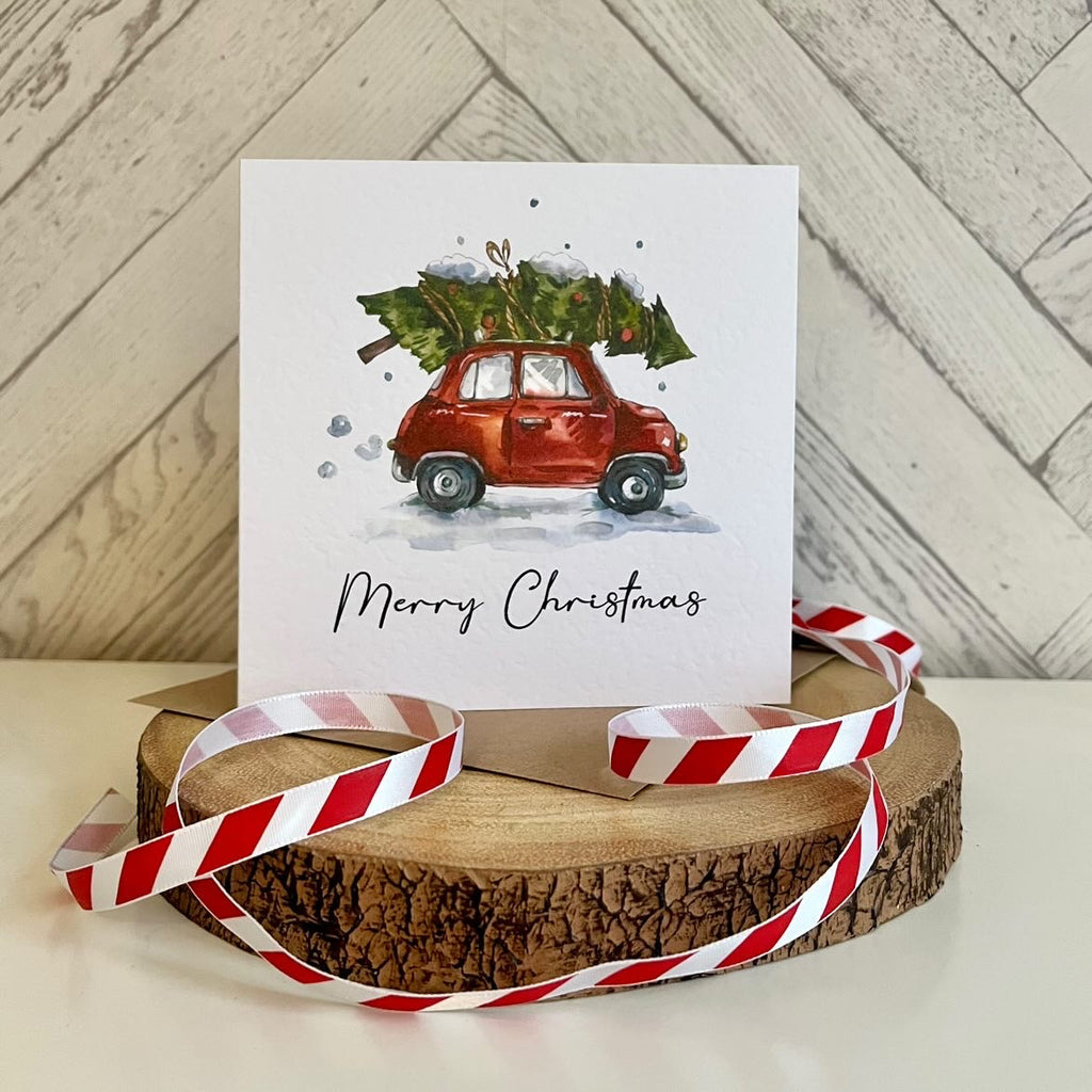 Custom Merry Christmas Tree Car Seasonal Hammered Card & Envelope-0