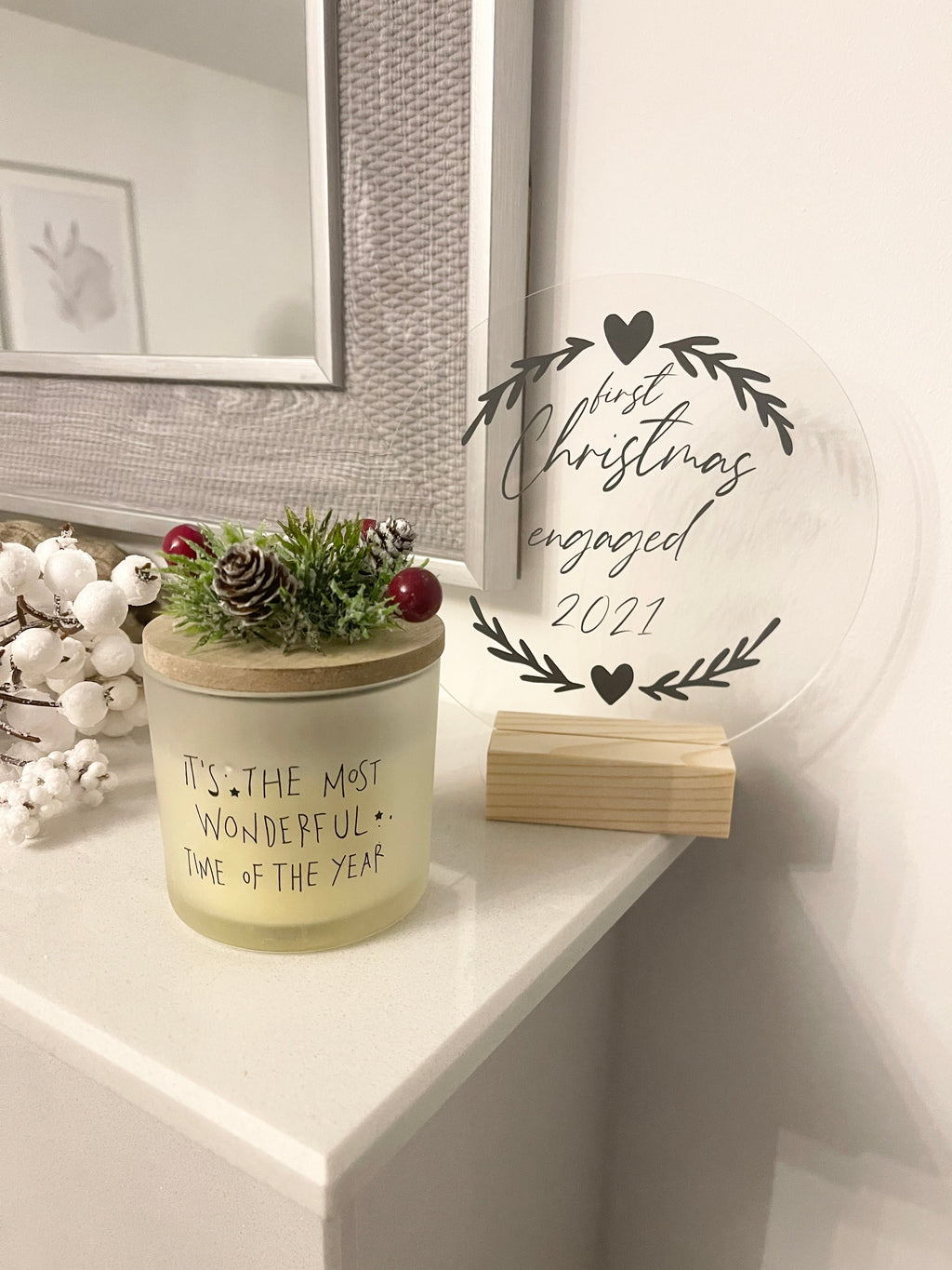 First Christmas Engaged Heart Wreath Christmas Acrylic Plaque Sign With Wooden Base-1