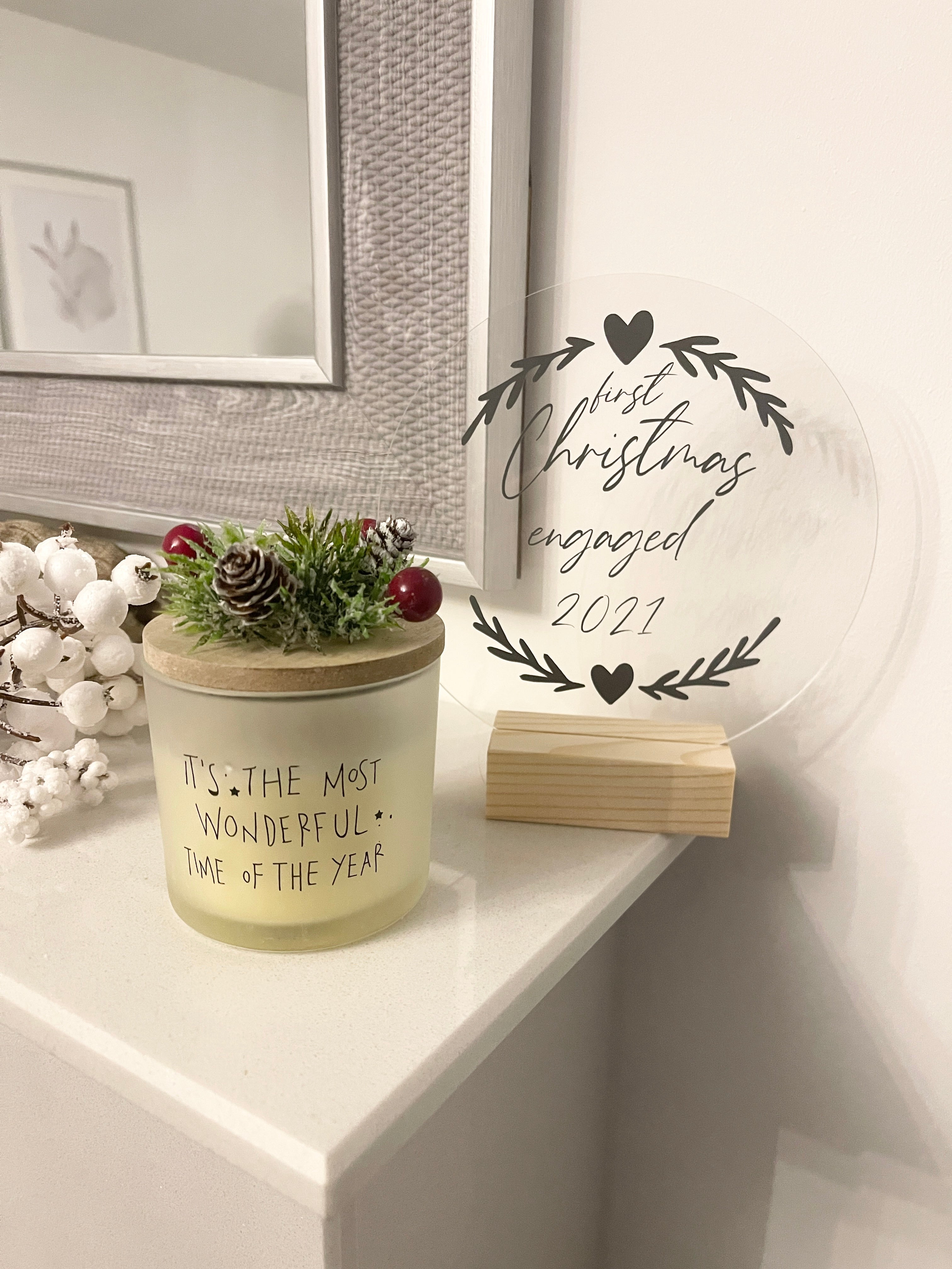 First Christmas Engaged Heart Wreath Christmas Acrylic Plaque Sign With Wooden Base-1