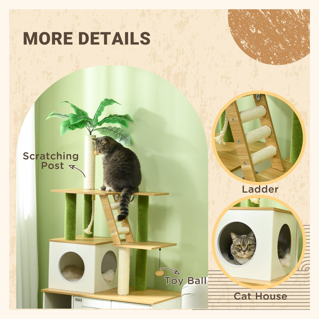 2-in-1 Hidden Cat Litter Box, Green Leaf Cat Tree, with House, Ladder, Scratching Posts, Platforms, Indoors -Oak-4