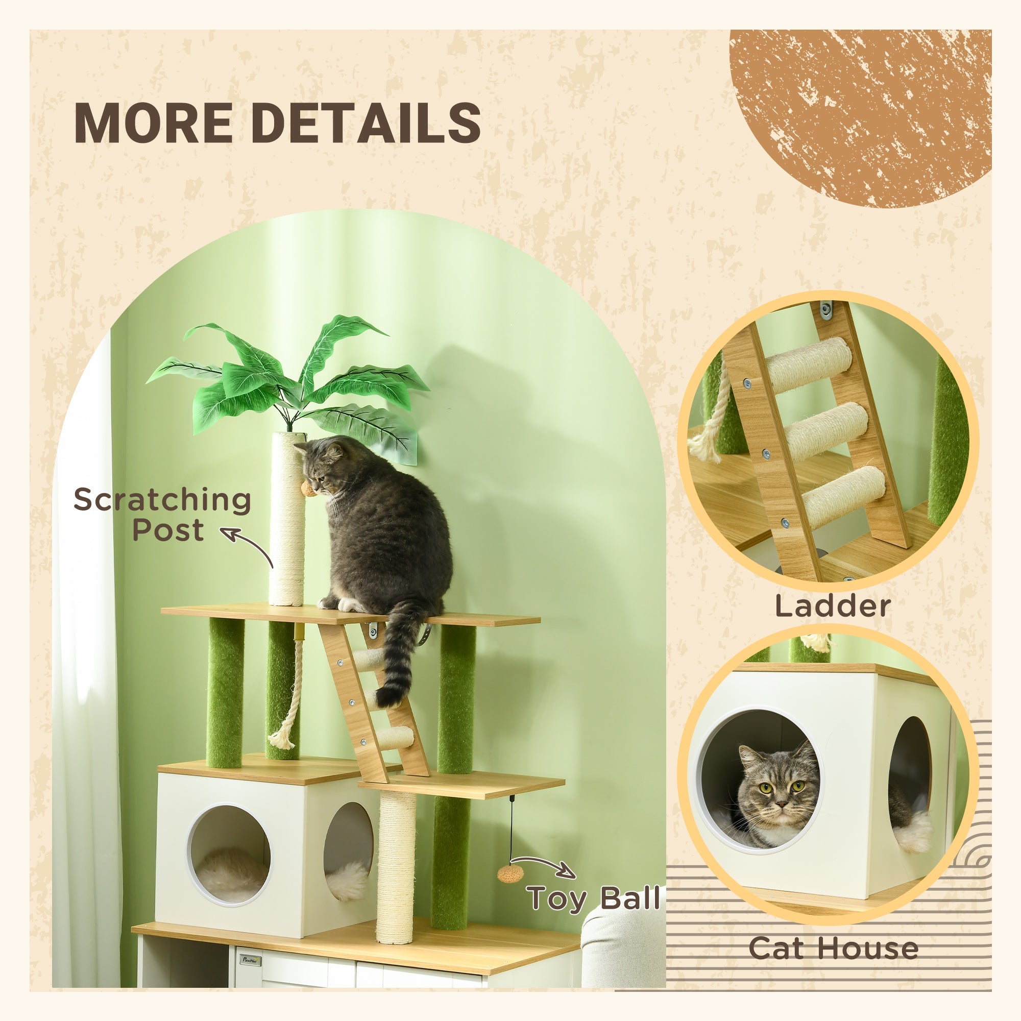 2-in-1 Hidden Cat Litter Box, Green Leaf Cat Tree, with House, Ladder, Scratching Posts, Platforms, Indoors -Oak-4