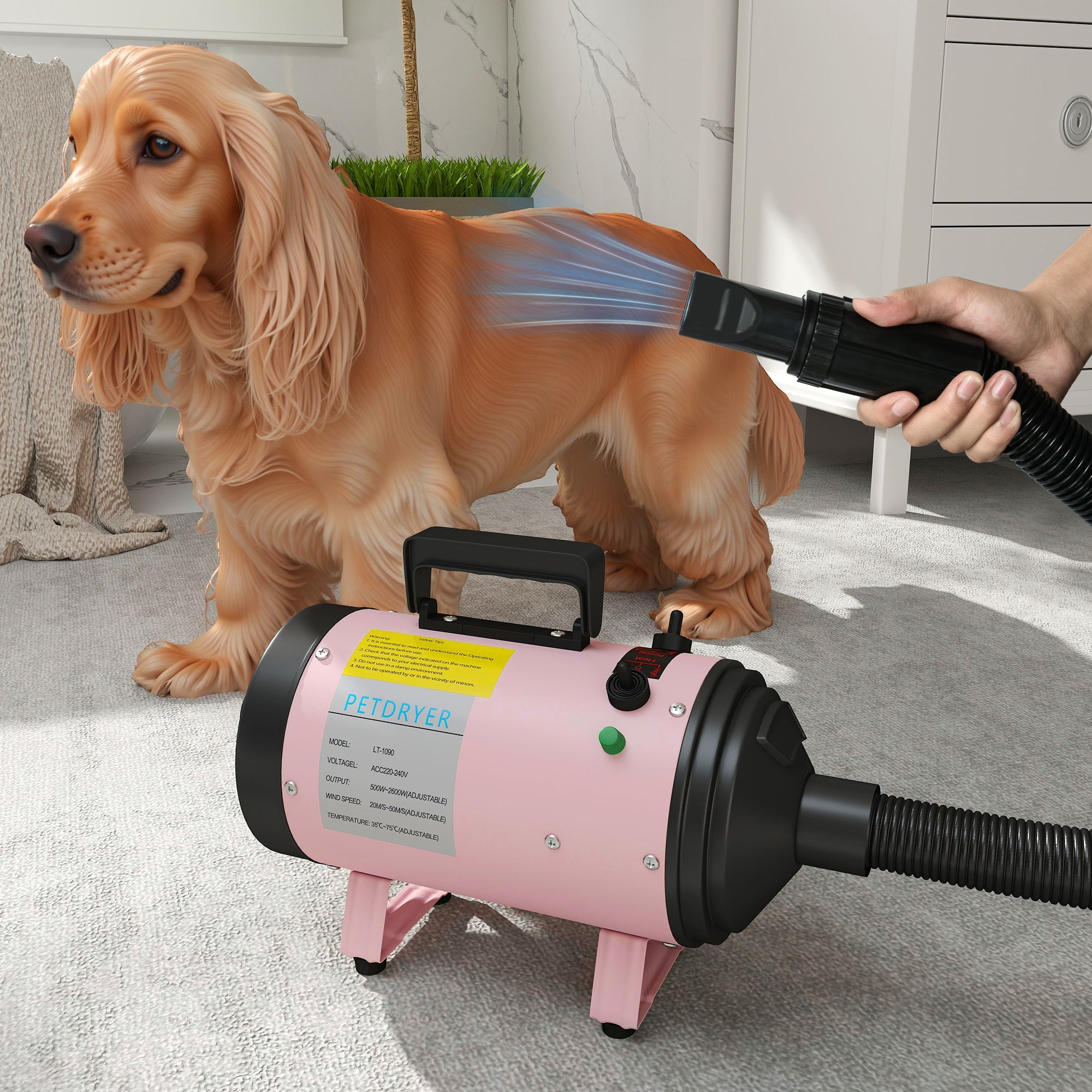 2200W Dog Hair Dryer with Adjustable Temperature & Velocity, 3 Different Nozzles, Pink-1