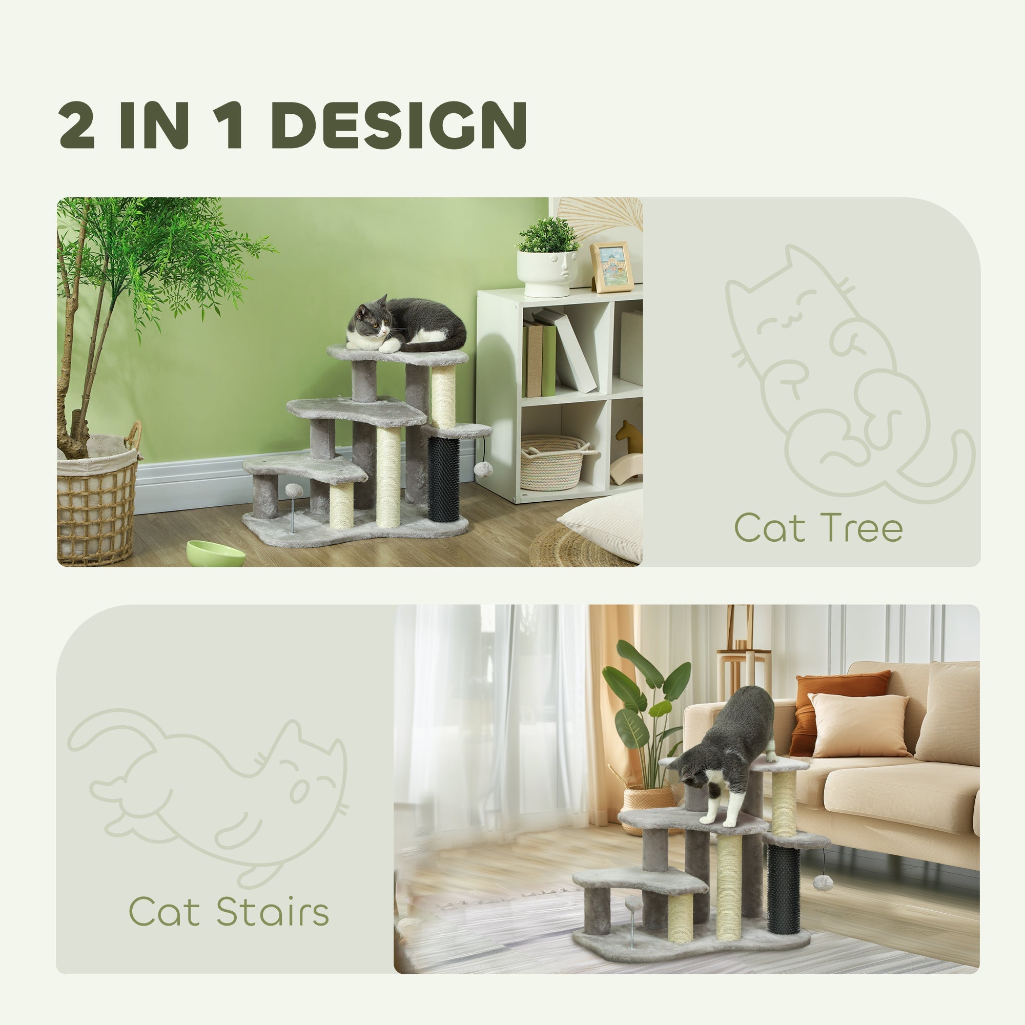 2-in-1 Cat Tree, Pet Stairs w/ Scratching Post, Toy Balls, for Bed, Sofa, Couch, Light Grey-3