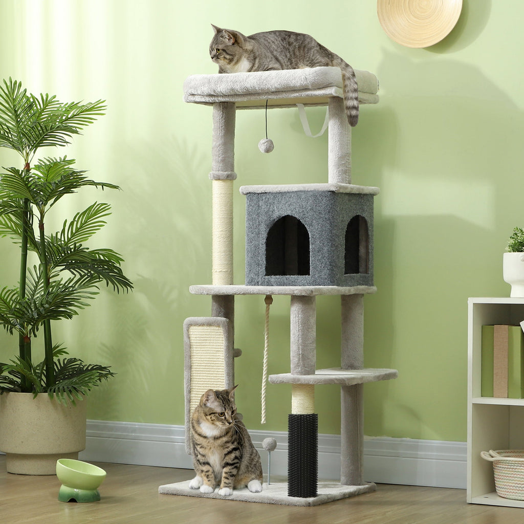 132cm Cat Tree w/ Scratching Posts, Pad, Cat Bed, Cat House, Jumping Platform, Grooming Brush, Anti-Tip Kit, Light Grey-1