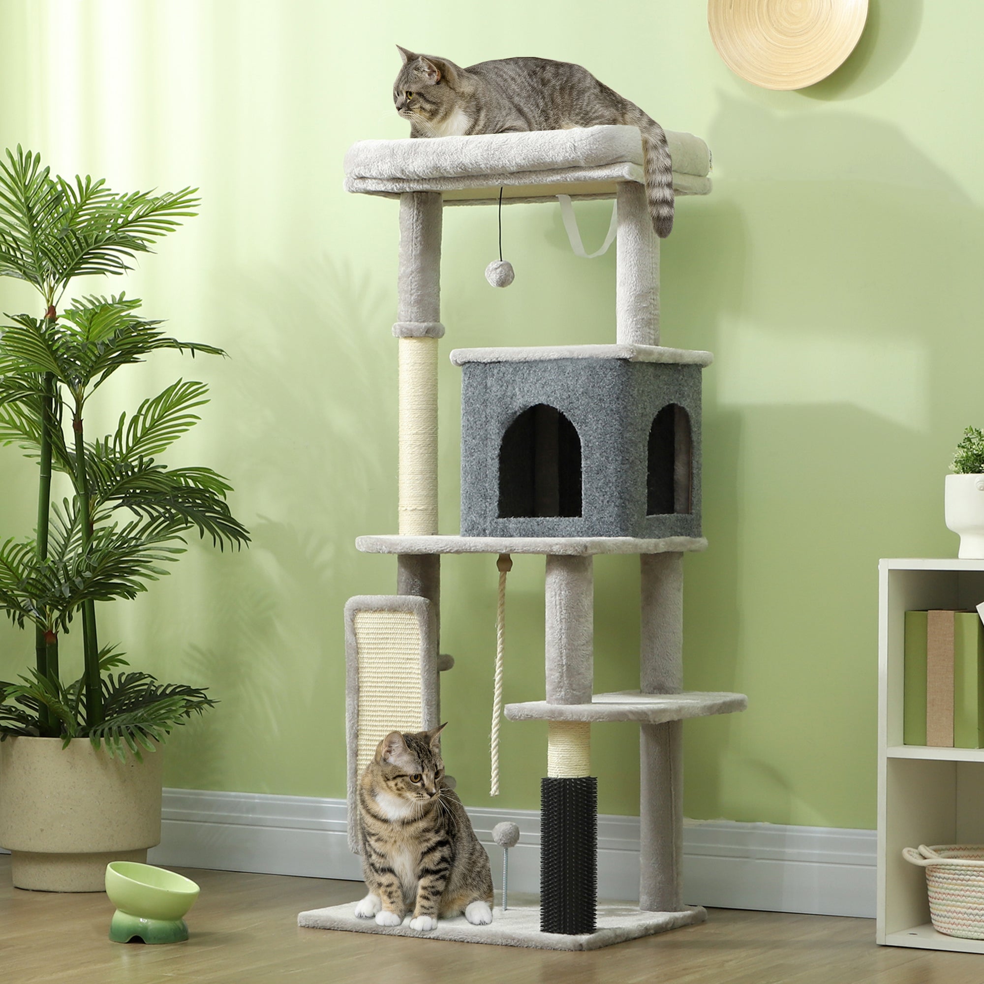132cm Cat Tree w/ Scratching Posts, Pad, Cat Bed, Cat House, Jumping Platform, Grooming Brush, Anti-Tip Kit, Light Grey-1