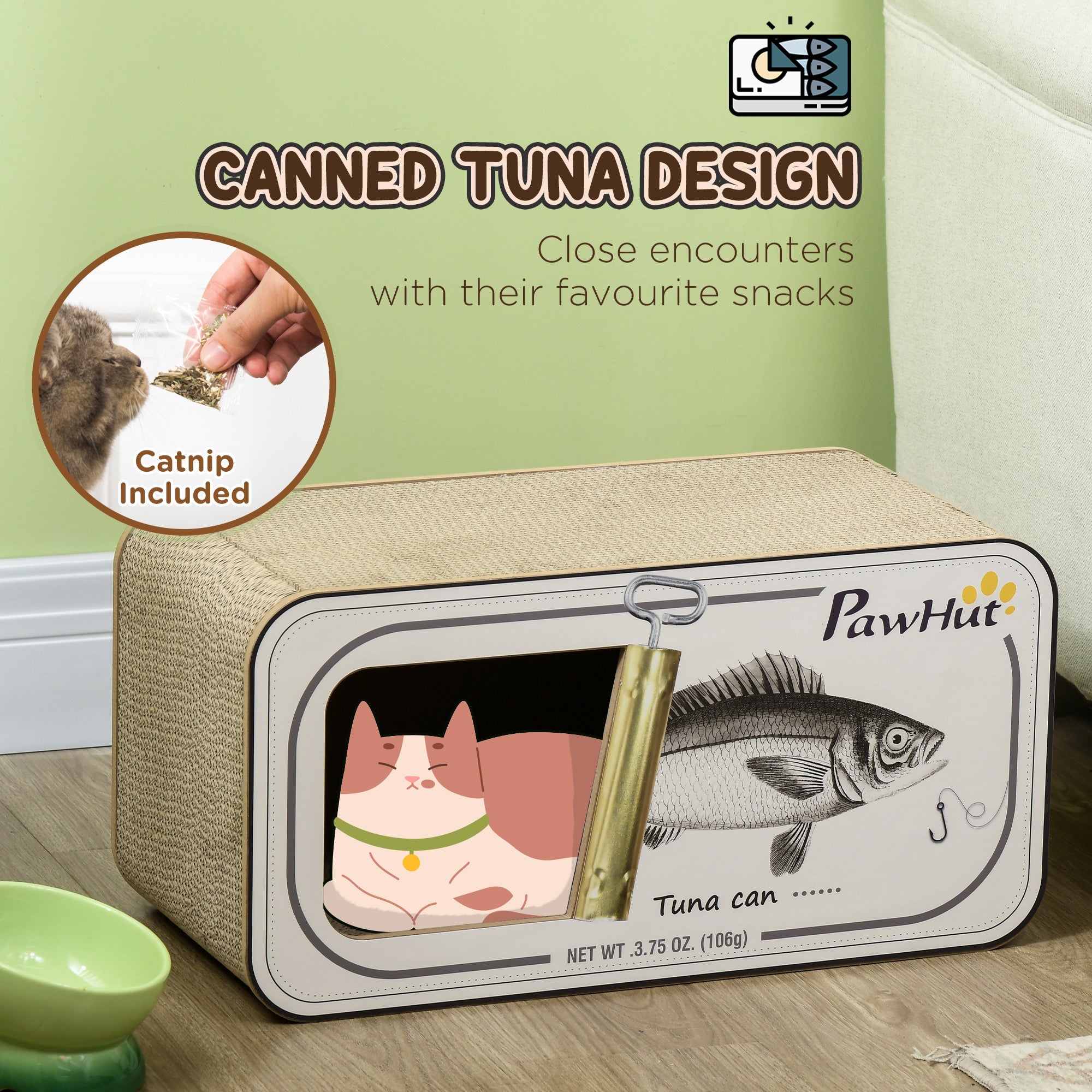 2 in 1 Cat Scratching Board, Cardboard Cat House with Catnip, Canned Tuna Design-4