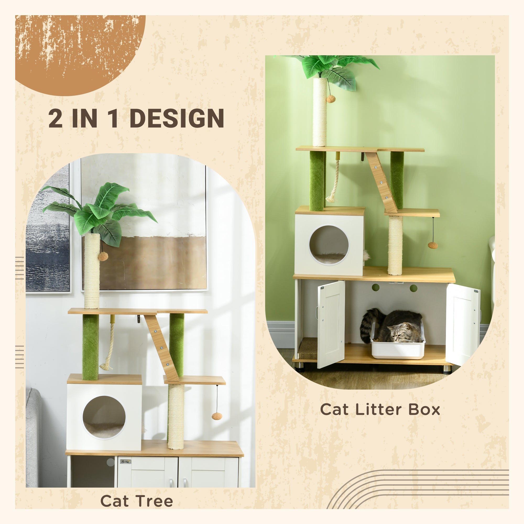2-in-1 Hidden Cat Litter Box, Green Leaf Cat Tree, with House, Ladder, Scratching Posts, Platforms, Indoors -Oak-3